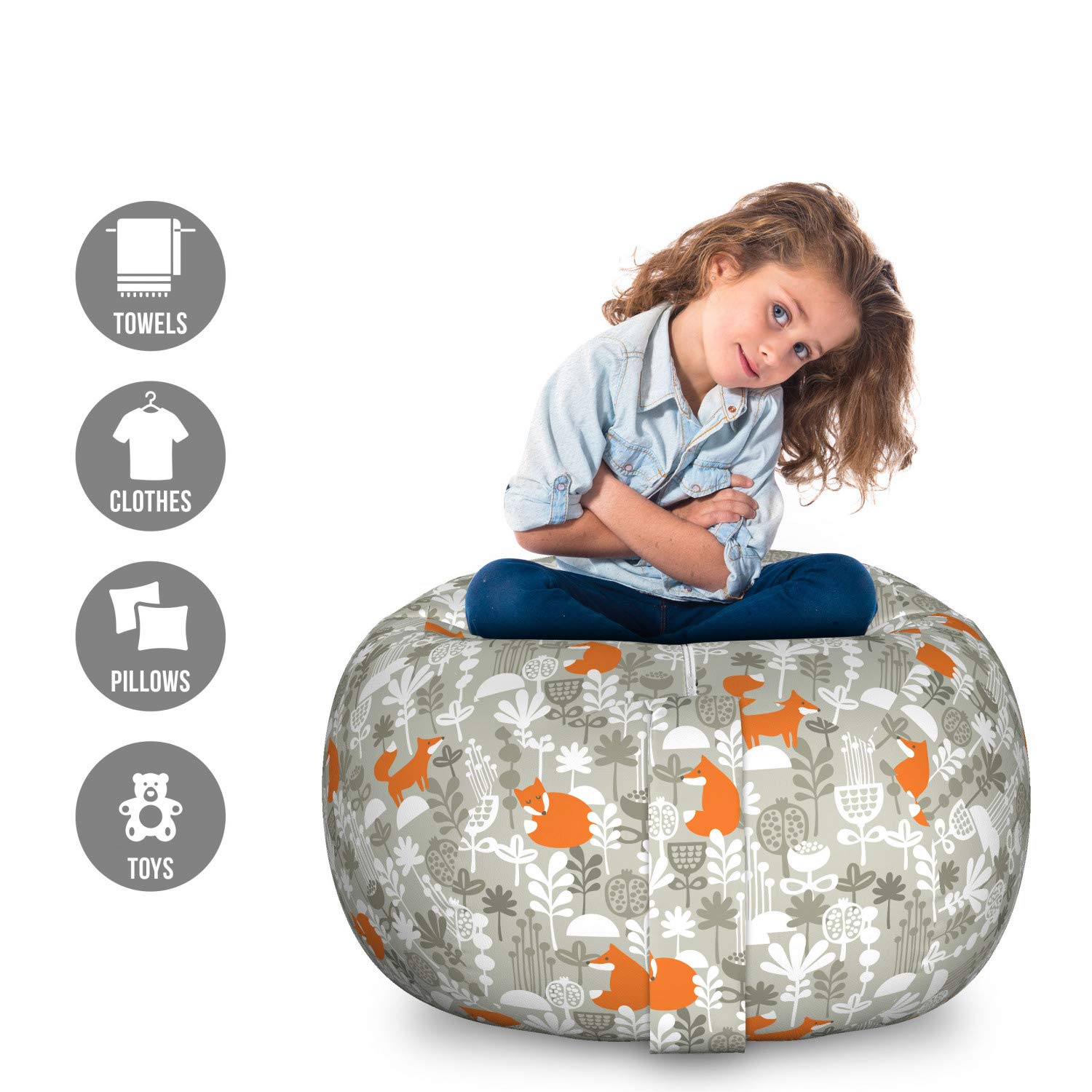 Lunarable Autumn Fall Storage Toy Bag Chair - Fox Animal Sleeping in Forest Plants Woodland Wildlife Theme, Washable Stuffed Animal Organizer Bag, Large Size (Orange Grey White) - Perfect for Kids' Room, Nursery Storage & Playroom Organization