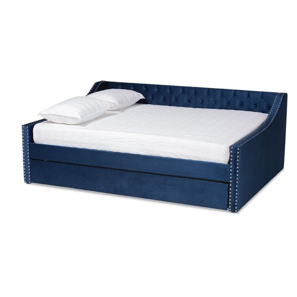BOWERY HILL Modern Velvet Upholstered Queen Size Daybed with Trundle in Blue - Stylish Sofa Bed for Guest Room, Living Room & Small Space
