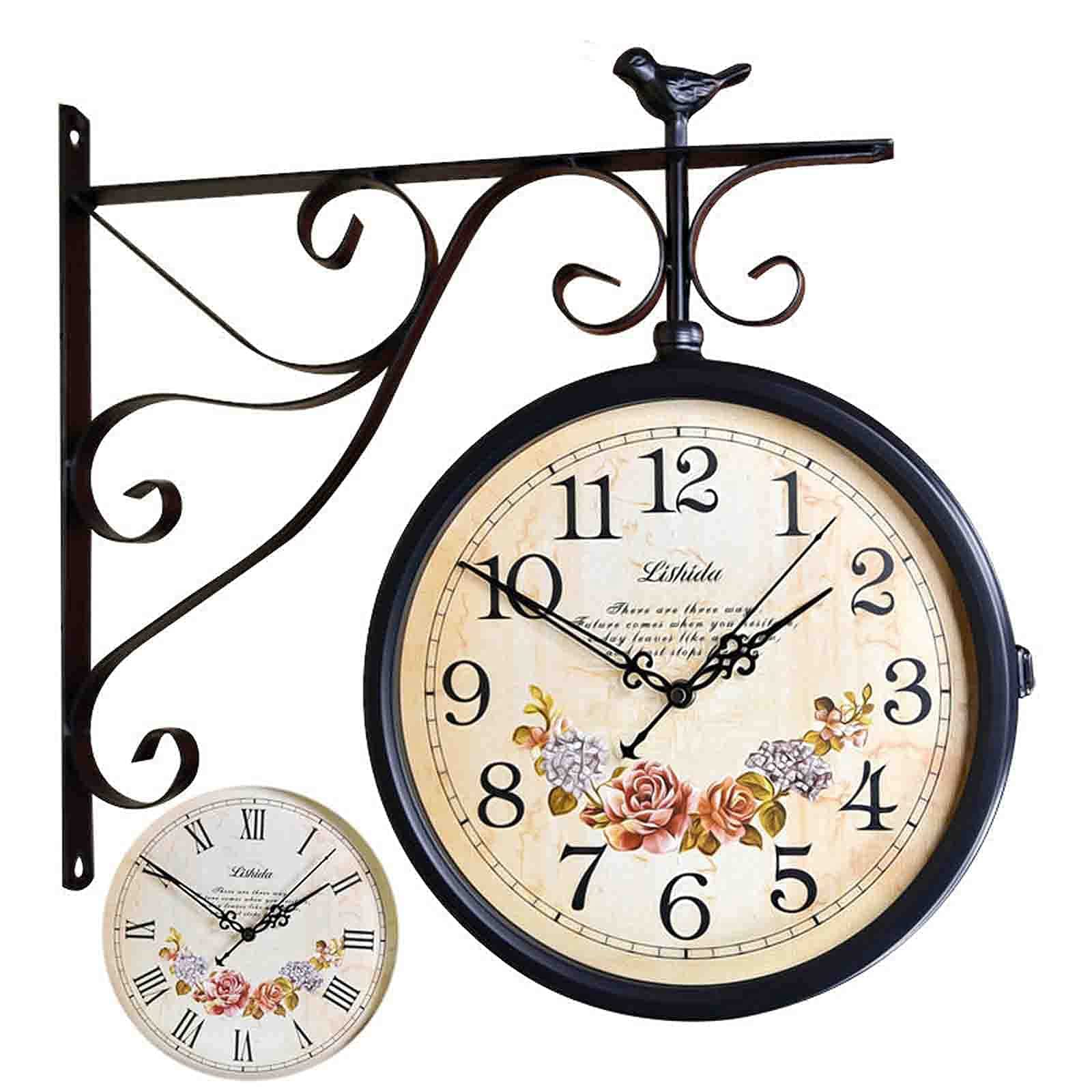 Vintage Wrought Iron Double Sided Wall Clock - Antique Round Station Style with Chandelier Design for Home Décor | Perfect for Living Room, Bedroom & Office Wall Decor