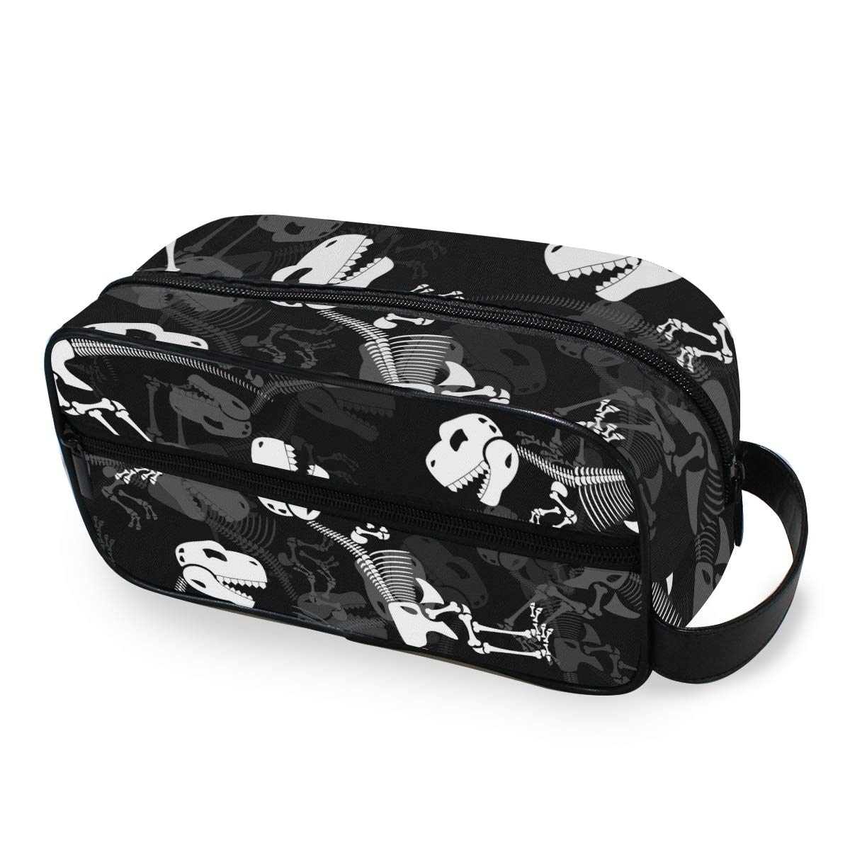 Dinosaur Skeleton Travel Toiletries Bag - Portable Cosmetic Makeup Organizer Pouch for Women - Perfect for Camping, Gym & Airplane Carry-On (Black, 912P)
