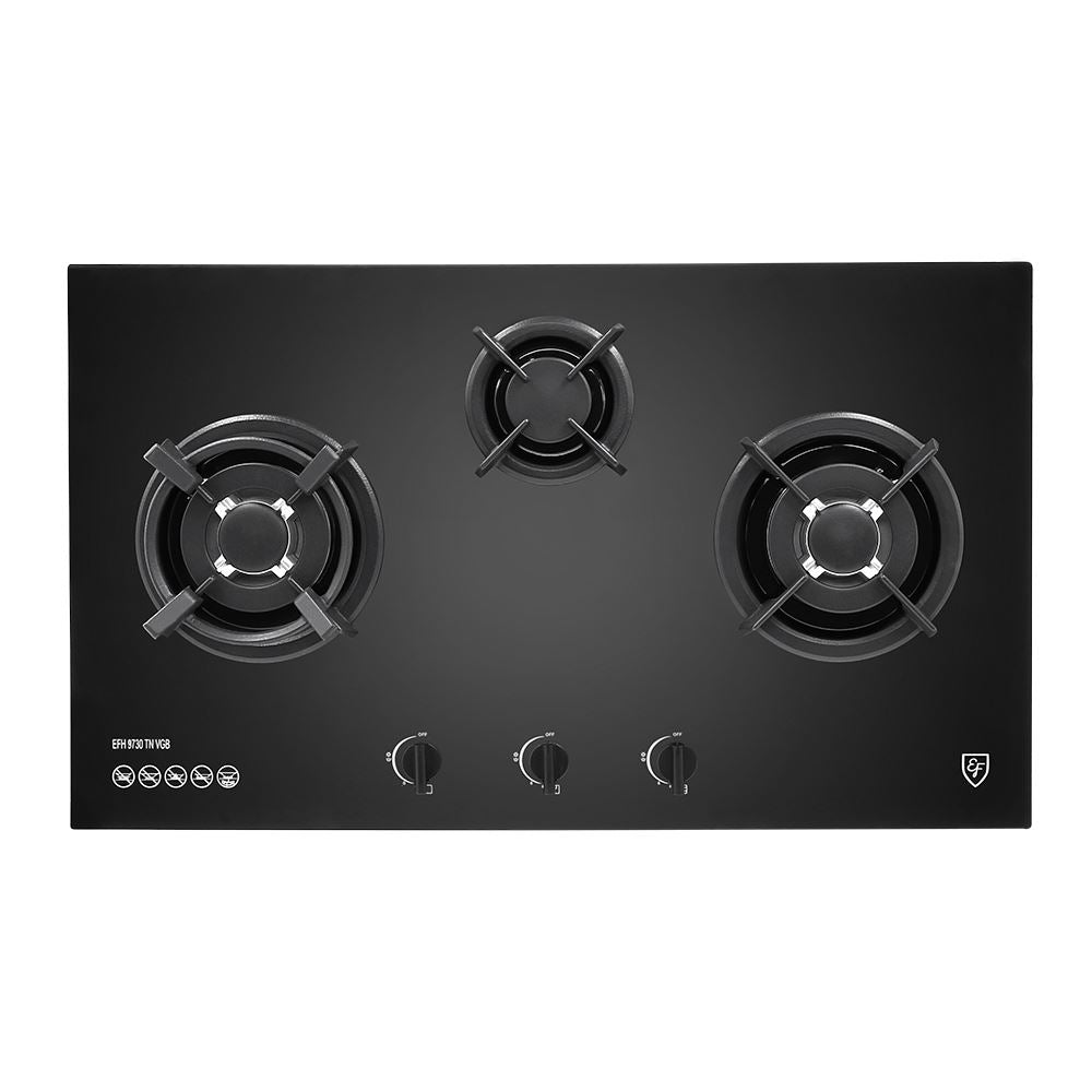 EF EFH 9730 TN VGB 3 Burners Built-In Glass Hob with EF 90cm Chimney Hood CK FINO PLUS BK - Premium Kitchen Stove for Modern Homes, Perfect for Cooking & Ventilation