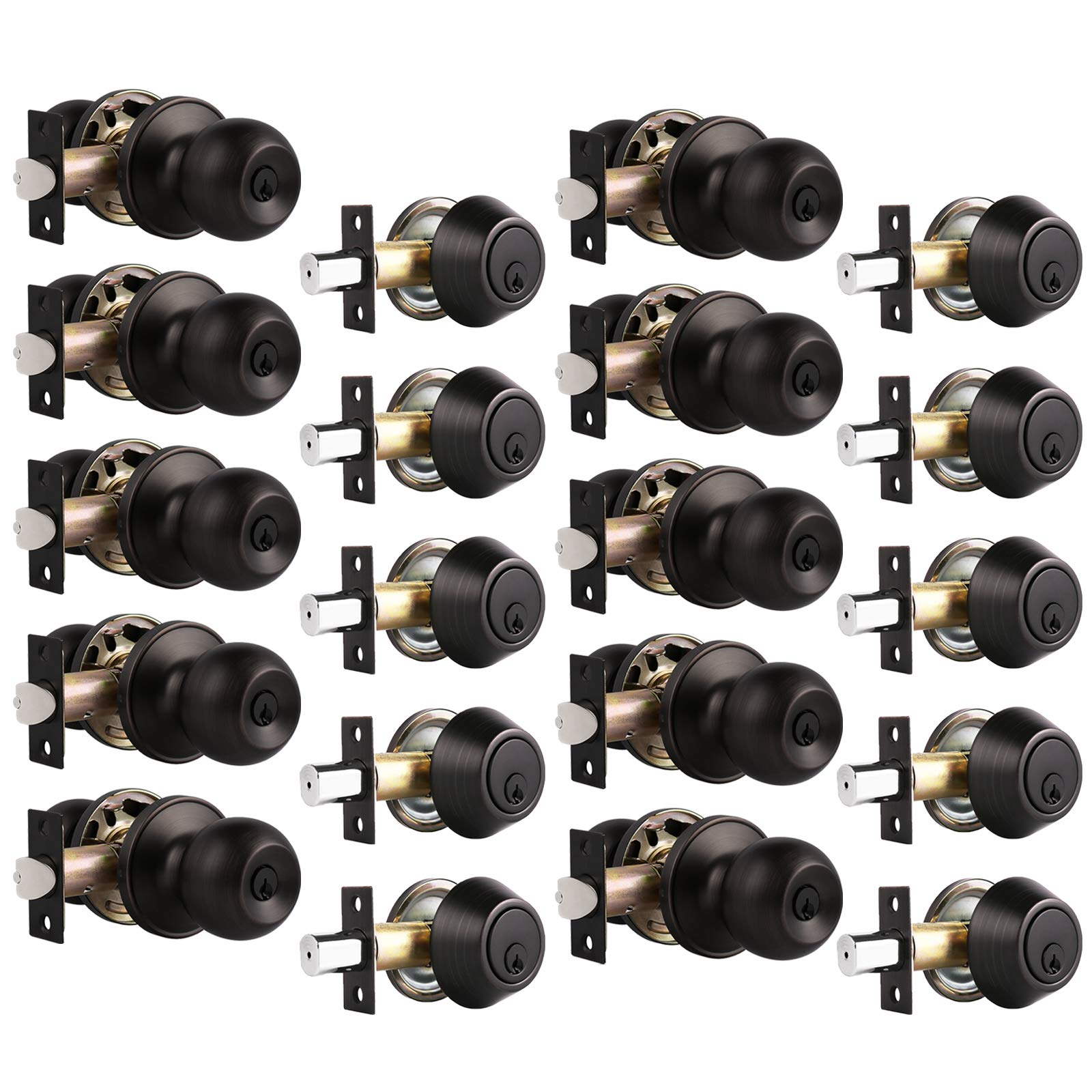 Probrico Oil Rubbed Bronze Keyed Alike Entry Knob Set - 10 Pack Front Door Locks with Single Cylinder Deadbolt for Home Security | Perfect for Apartments, Rental Properties & Multi-Door Installations