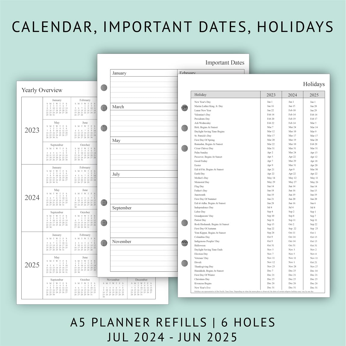 Newestor 2024-2025 Planner Refill - Weekly & Monthly Calendar from July 2024 to June 2025 - 6-Hole Punched for A5 Ring Binder - Perfect for Office, School, and Personal Organization