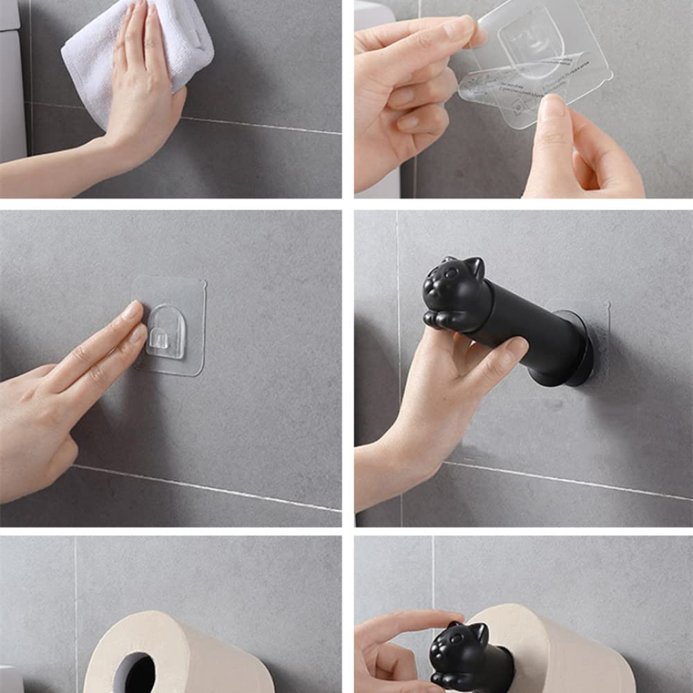 Cat-Themed Adhesive Wall Mount Toilet Paper Holder - White Kitchen & Bathroom Tissue Roll Hanger - Perfect for Small Spaces, Apartments, and Pet-Friendly Homes