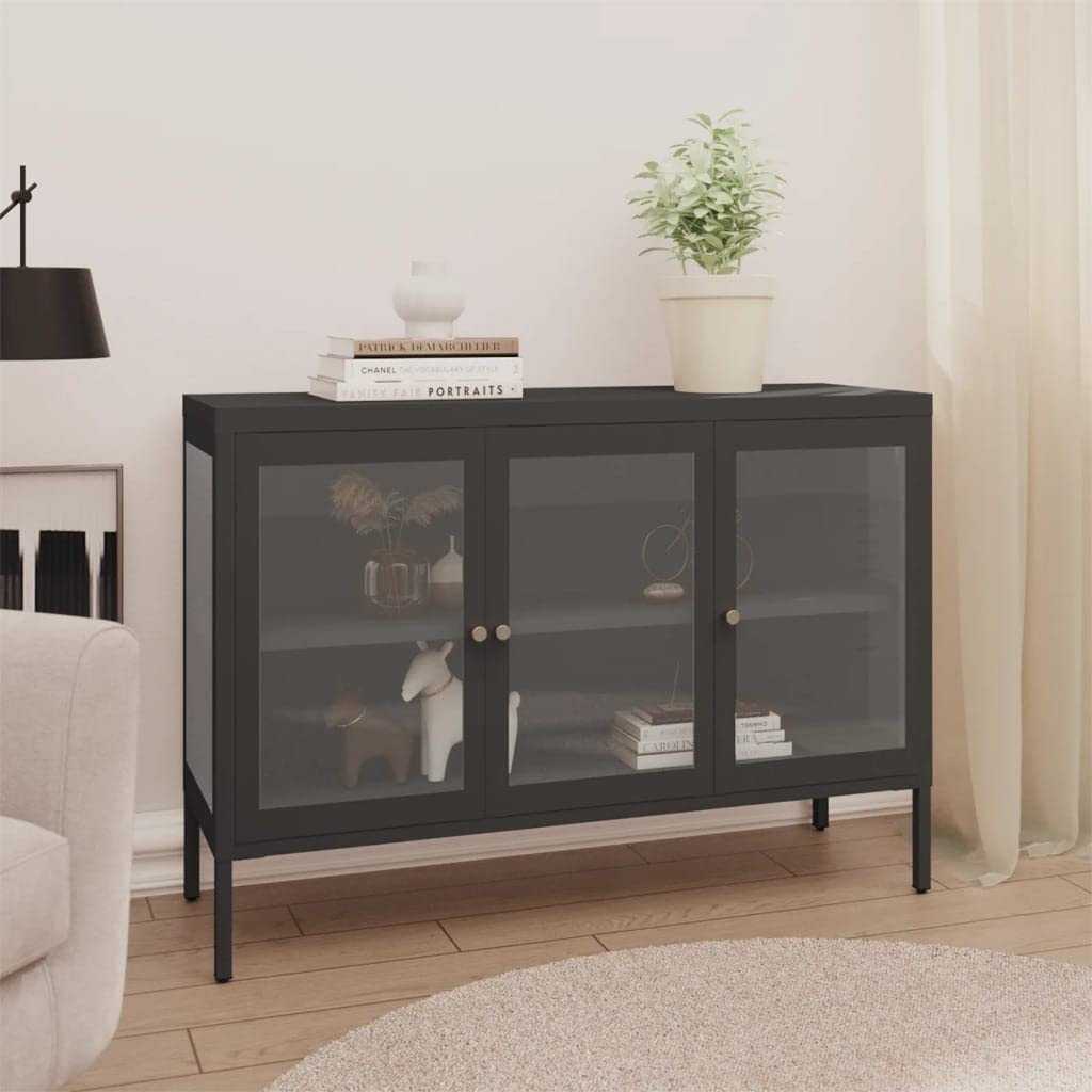 Industrial Black Metal Cabinet with Tempered Glass Door - Adjustable Shelf & Feet, Free Standing Storage Cupboard for Living Room, Dining Room, Bedroom - 41.3