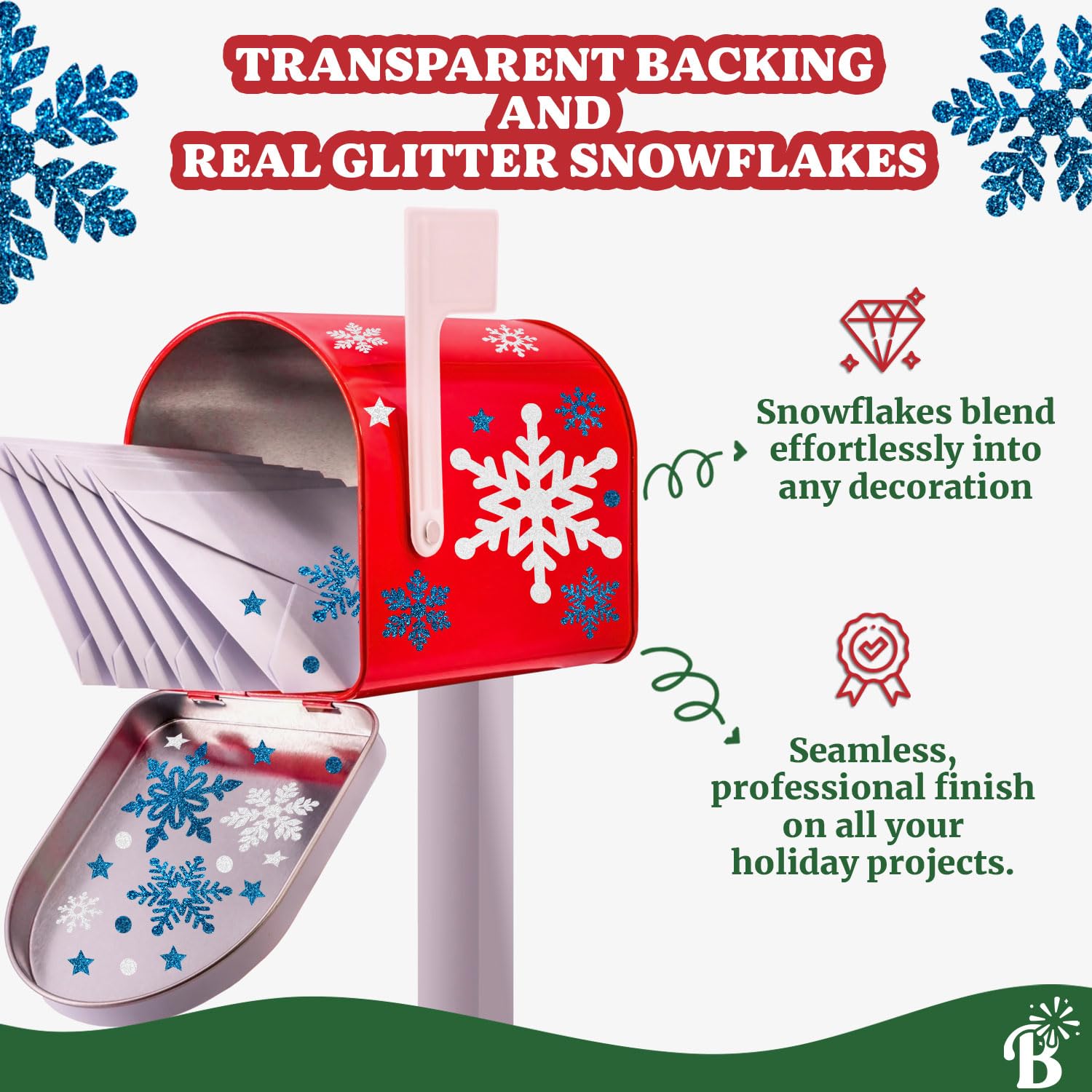 Large Snowflake Stickers with Real Glitter - Christmas Card & Envelope Decoration - Blue, White & Silver Holiday Stickers for DIY Crafts, Scrapbooking & Gift Wrapping