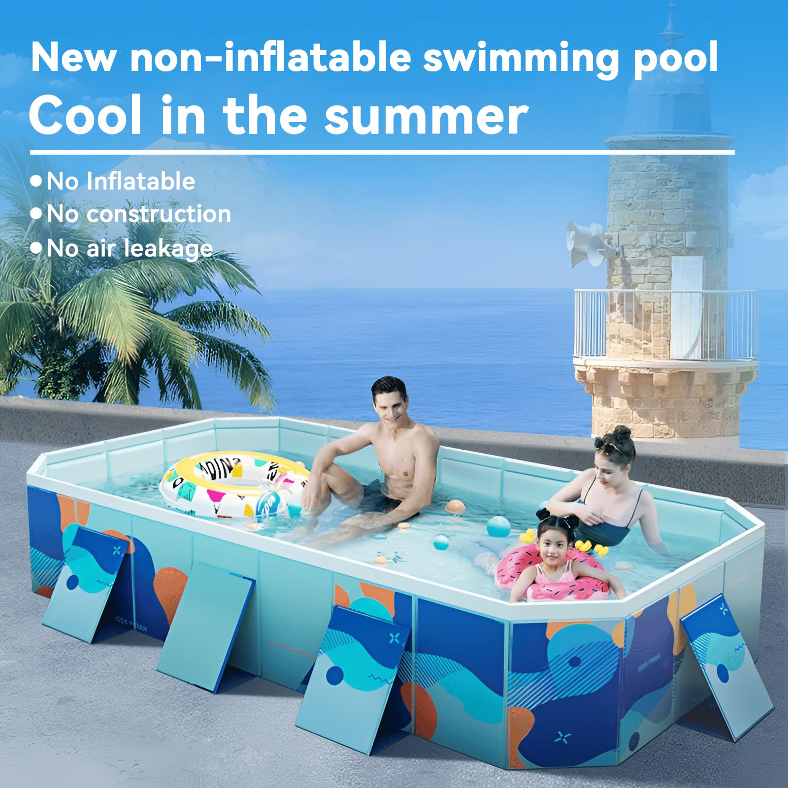 Foldable Above Ground Swimming Pool - 3m Rectangular Outdoor Family Pool with Drain Plug & Easy Assembly | Perfect for Backyard, Garden & Summer Fun (Style C)