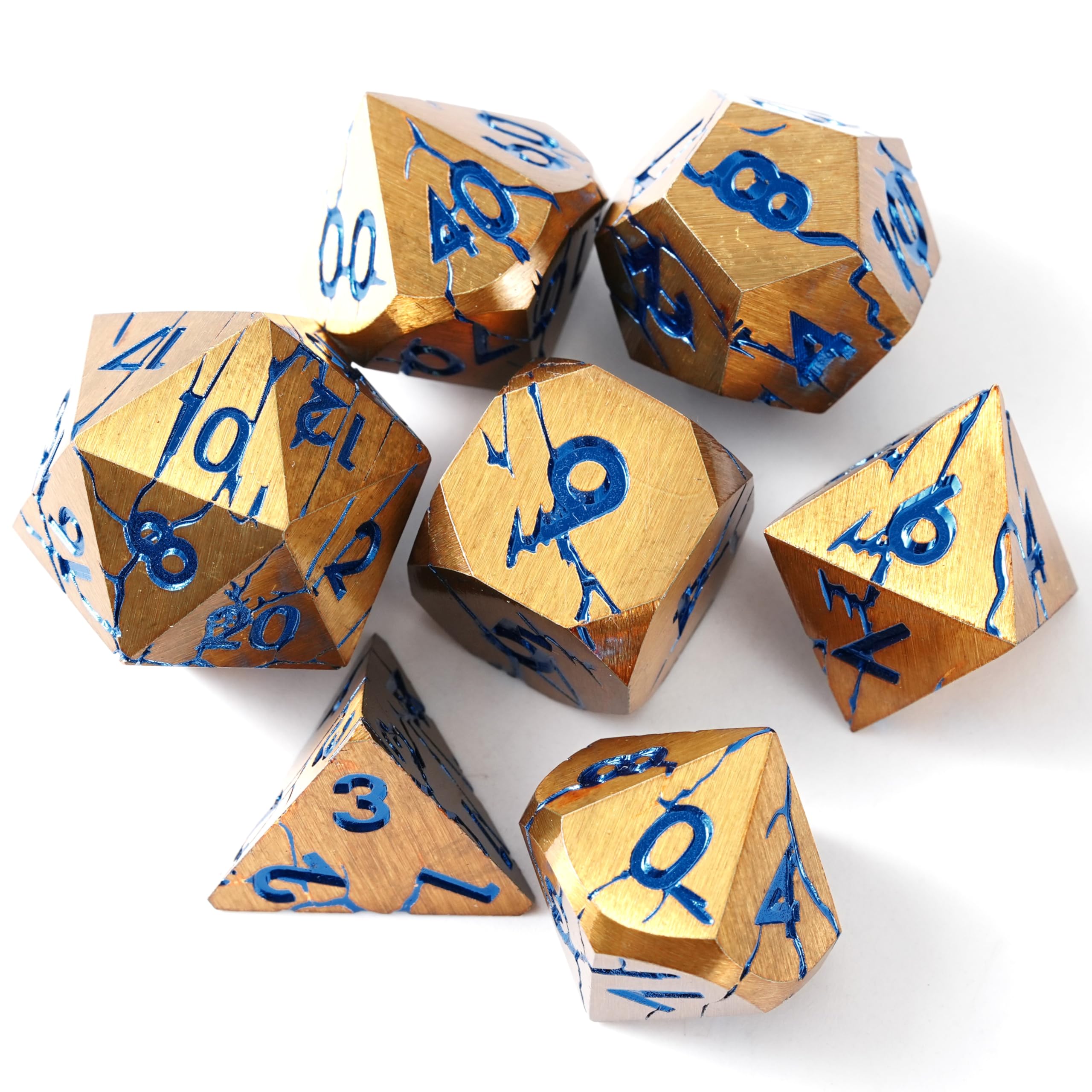 Premium DND Metal Dice Set - Pharaoh Ruins Gold with Blue Cracks - 7-Piece Polyhedral Dice for Dungeons & Dragons, RPG Tabletop Games - Perfect for D&D Campaigns, Gift Giving & Collector's Display