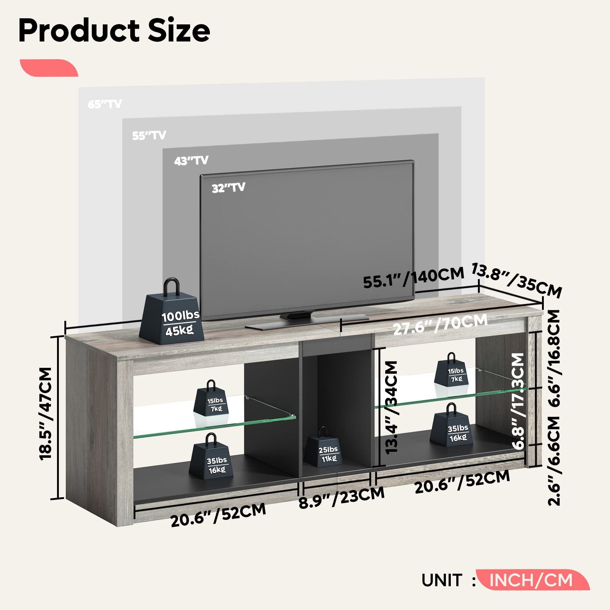 Bestier RGB LED TV Stand for 65+ Inch TVs - Gaming Entertainment Center with 2 Tempered Glass Shelves - Modern Media Console Table for PS5, Xbox & Living Room - Retro Gray TV Cabinet for Home Theater & Gaming Setup