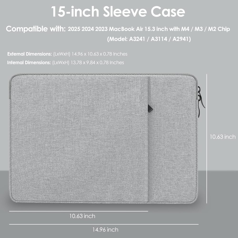 15 Inch Laptop Sleeve for MacBook Air 2024/2023 with Apple M3/M2 Chip - Waterproof Travel Case Accessory for MacBook Air 15
