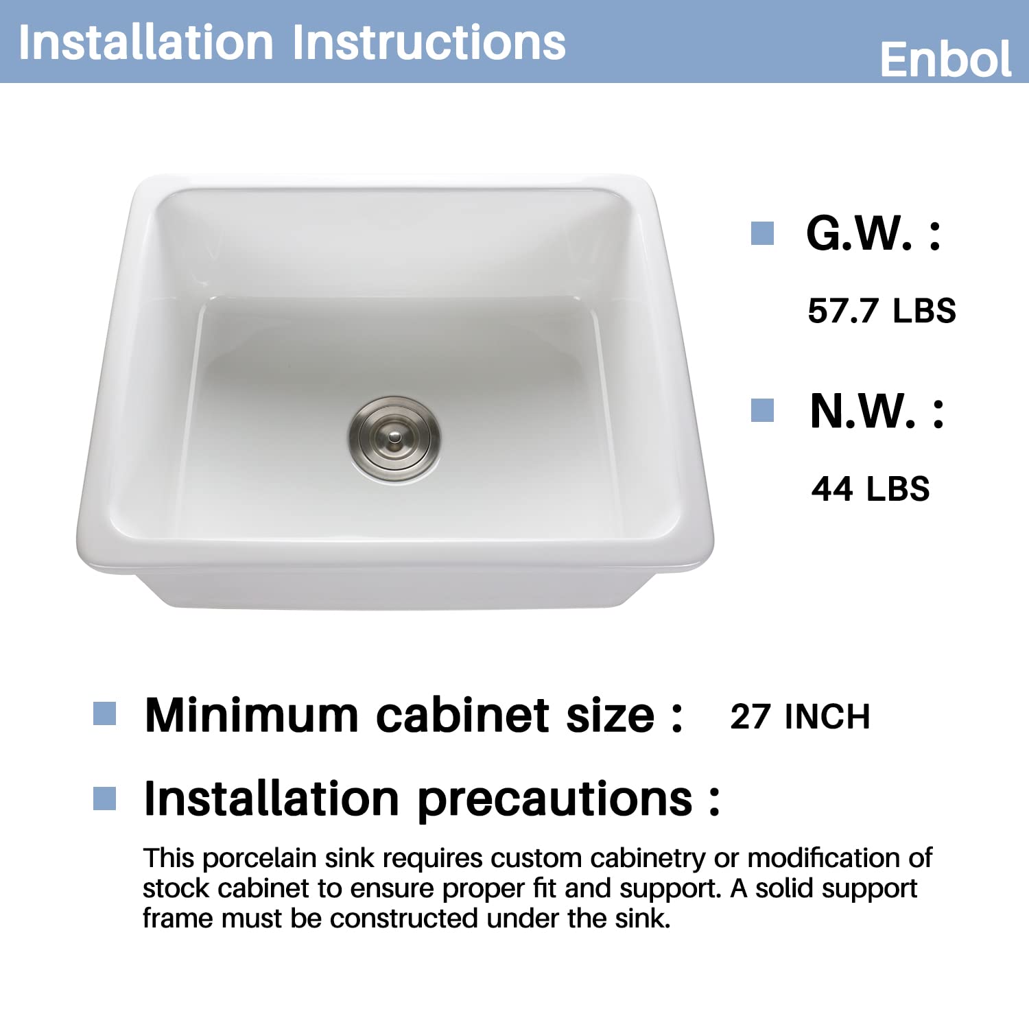 Enbol 24-Inch Undermount Kitchen Sink - 18x24 Inch White Porcelain Single Bowl Sink with Strainer for Modern Kitchens | PU2318 | Perfect for Food Prep, Dishwashing & Small Space Homes
