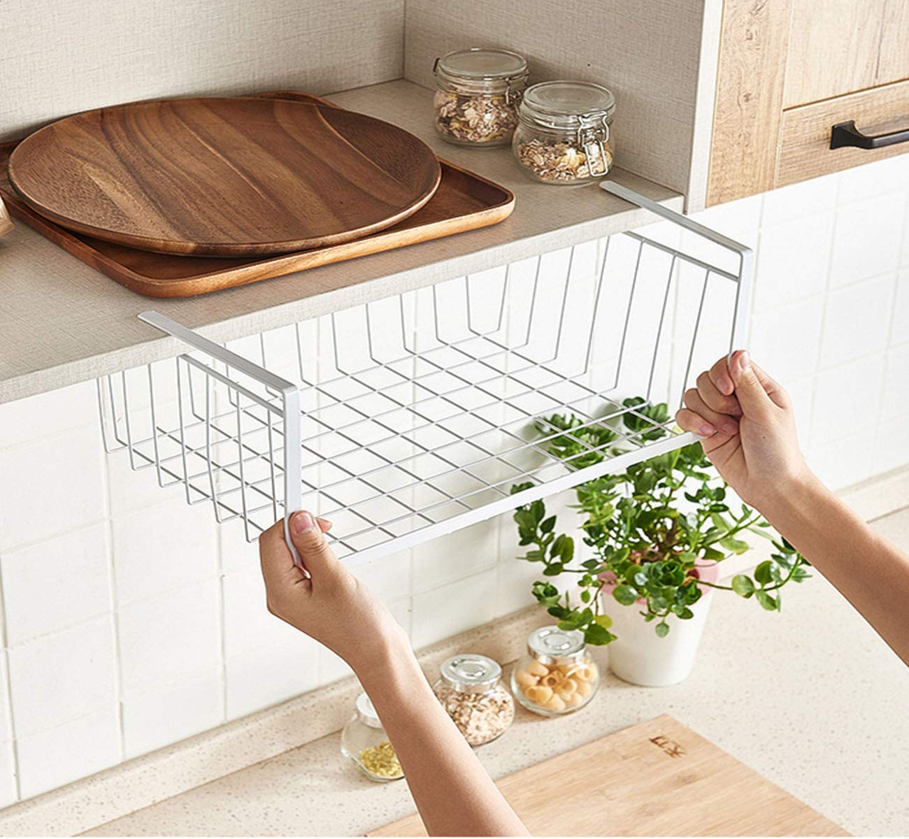 2 Pack Under Shelf Hanging Baskets - Space Saving Storage Organizer for Kitchen, Pantry, Office, Bookshelf, Closet & Bathroom - Perfect for Spices, Books, Toiletries & Small Items