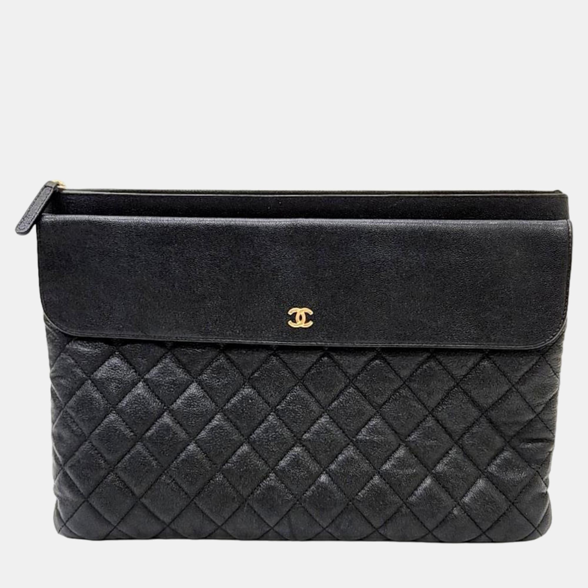 Luxury Black Caviar Leather Large Clutch Bag for Women - Elegant Evening Purse with Zipper Pocket for Parties, Weddings & Special Occasions