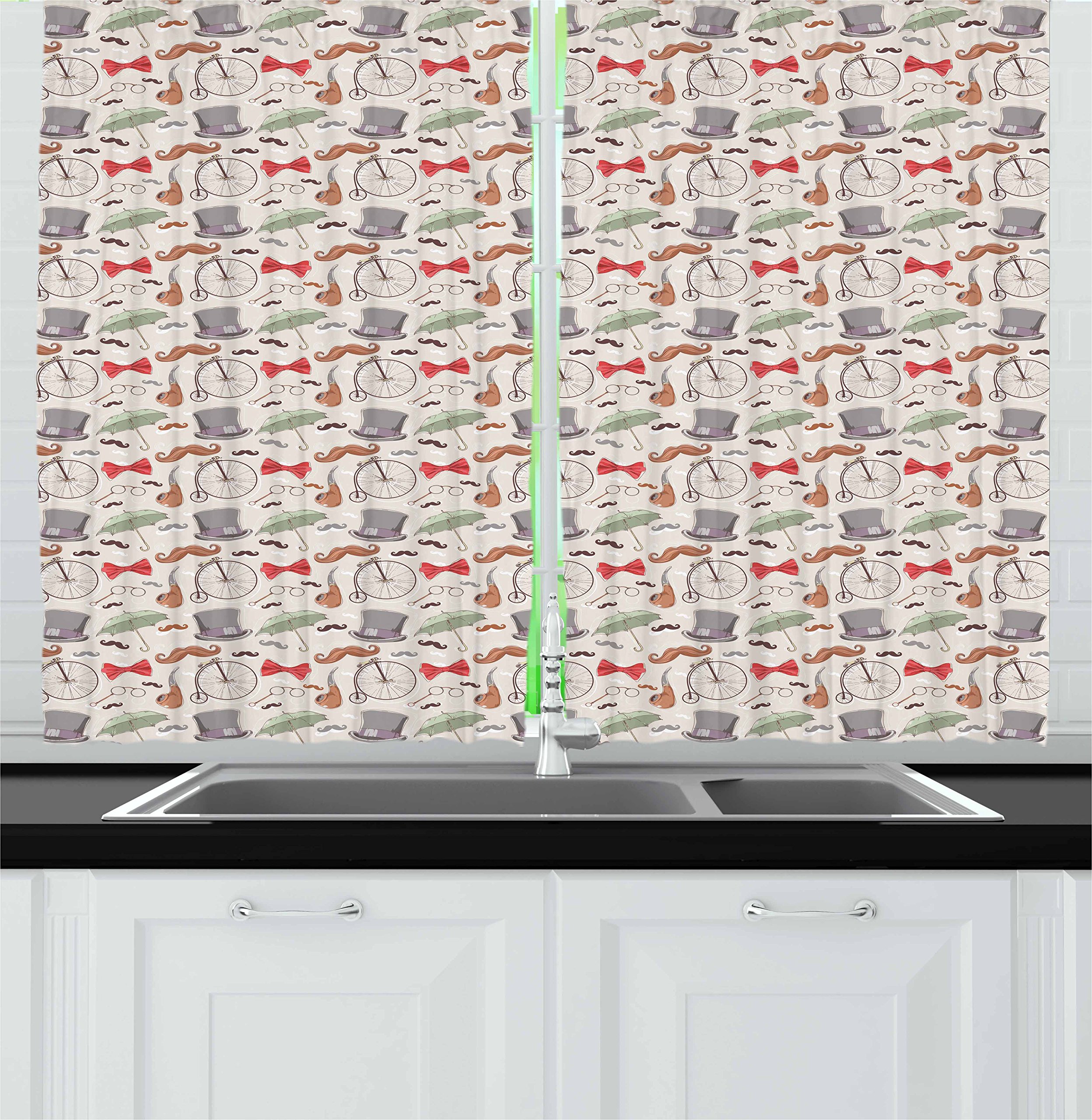 Vintage Bicycle Themed Kitchen Curtains Set of 2 - 1940s Inspired High-Wheel Bicycle, Lorgnette & Bow Tie Design - 55