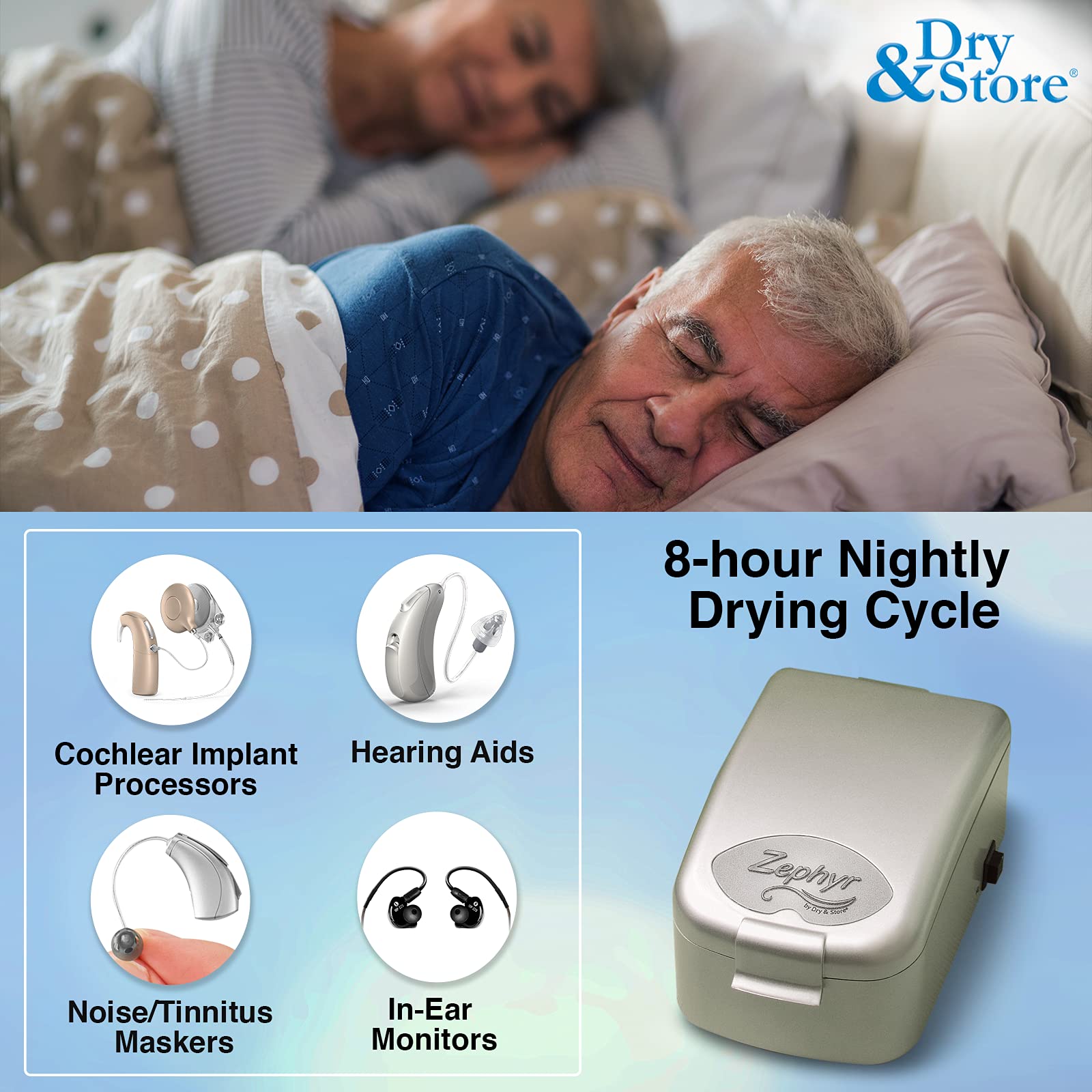 Zephyr by Dry & Store Hearing Aid Dryer & Dehumidifier | Professional Care & Maintenance for Hearing Aids, Cochlear Processors & In-Ear Monitors | Perfect for Travel, Home & Daily Use