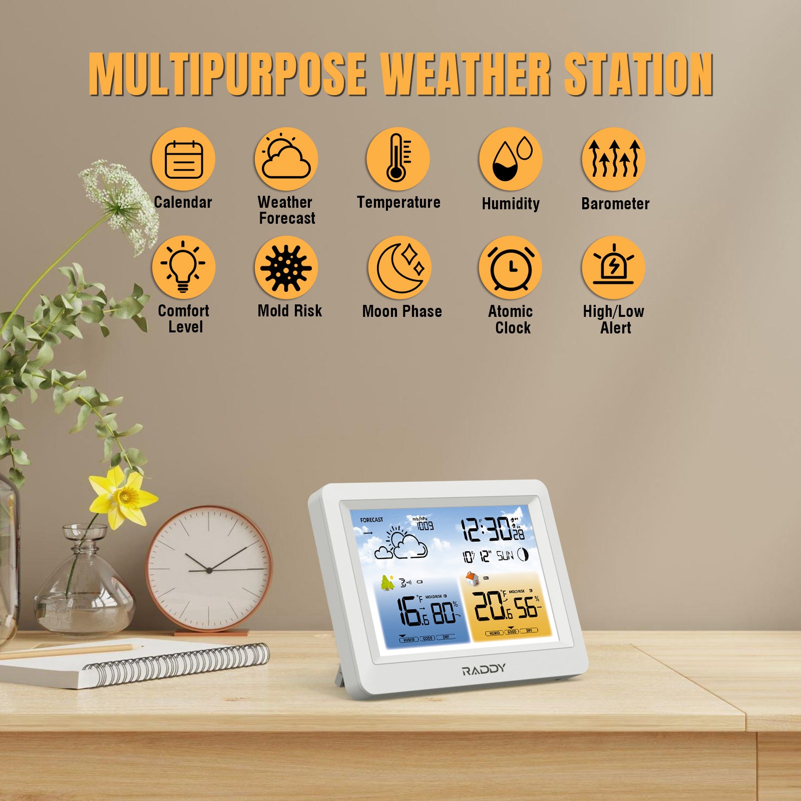 Raddy WM6 Wireless Weather Station with Indoor Outdoor Thermometer Hygrometer - 2000mAh Battery Powered - Mold Risk Alert - Perfect for Home, Office, Greenhouse & Baby Room Monitoring