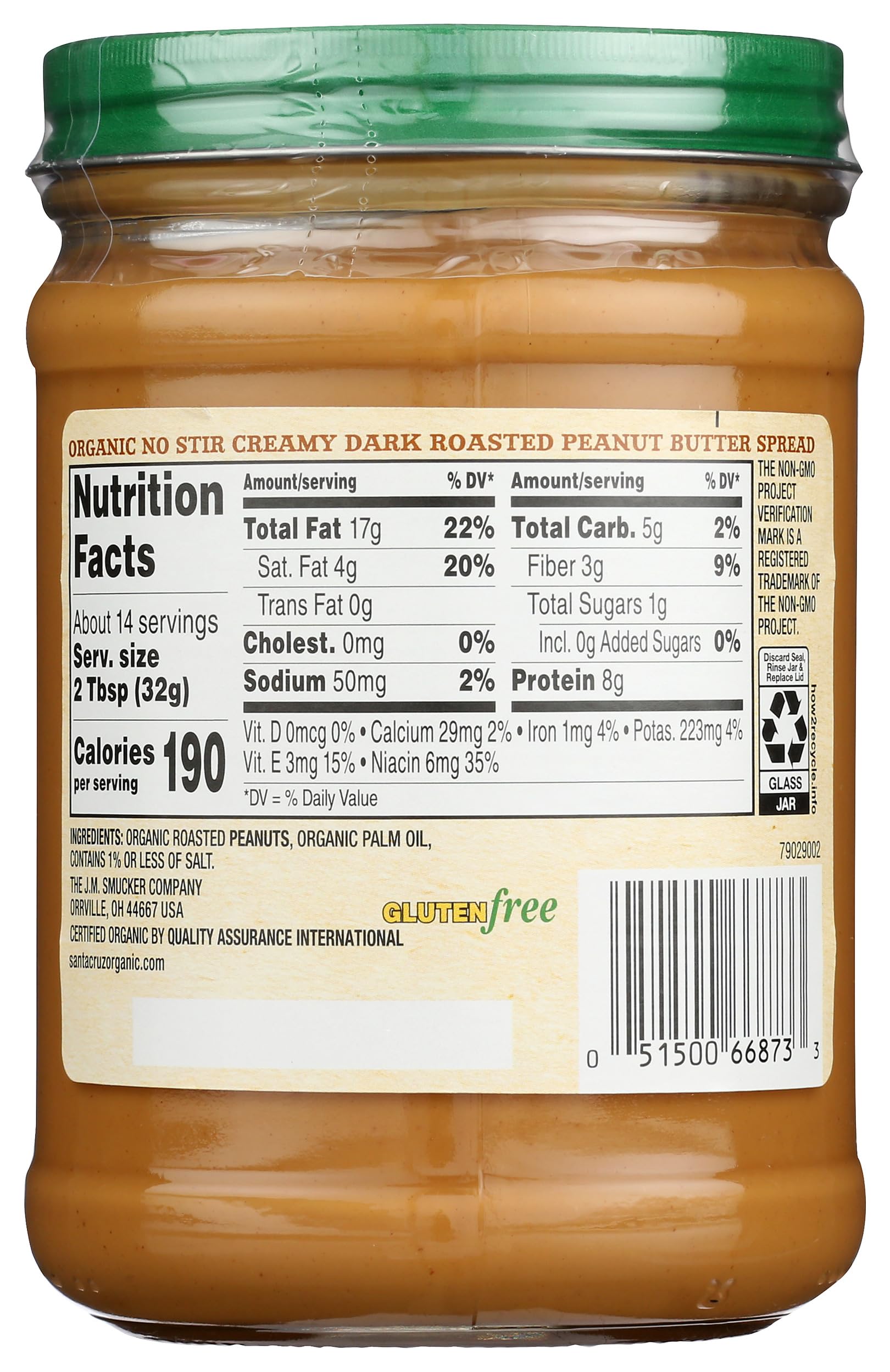 SANTA CRUZ ORGANIC No Stir Dark Roast Creamy Peanut Butter Spread - 16oz Jar | Non-GMO, Gluten-Free | Perfect for Sandwiches, Smoothies & Healthy Snacks