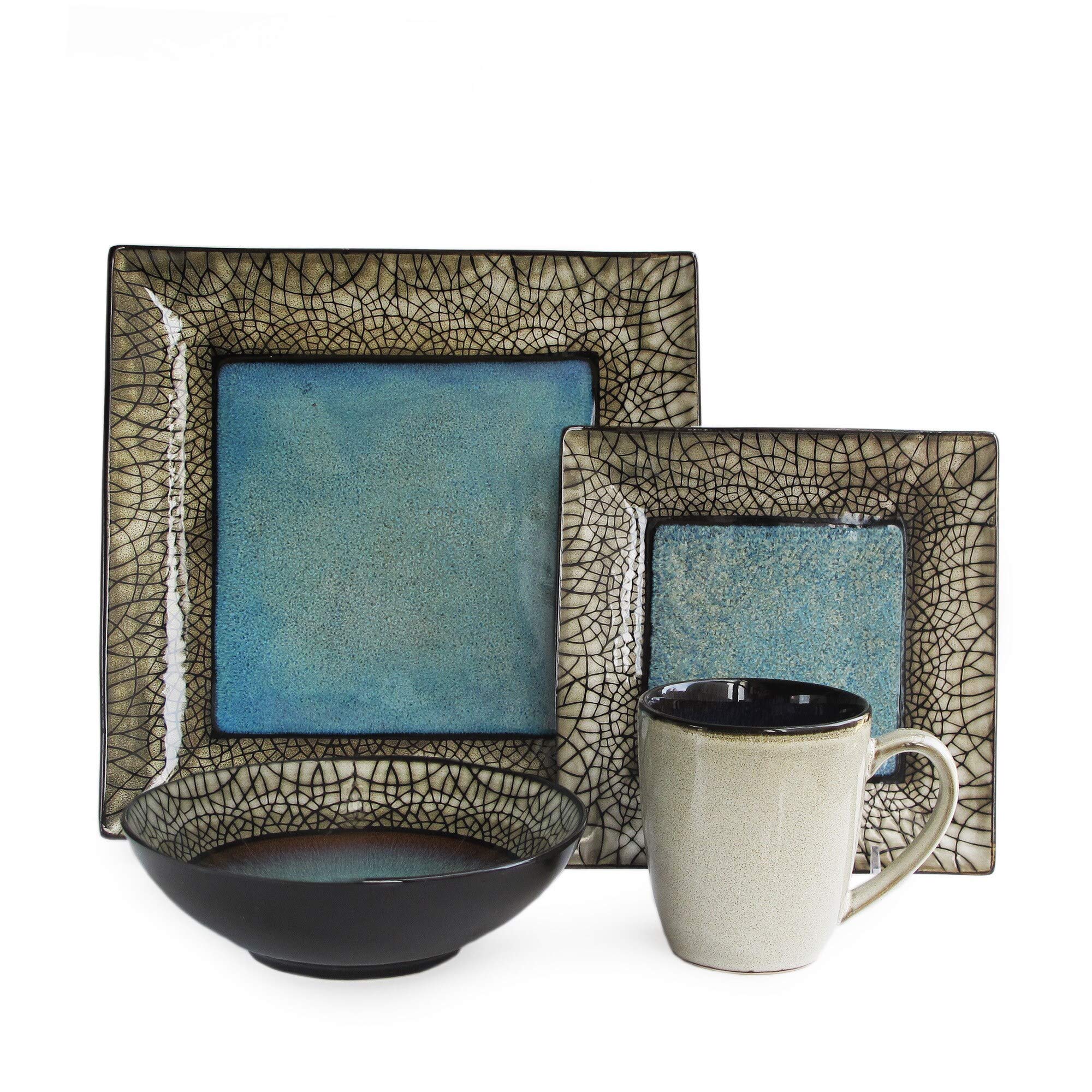 16-Piece Dinnerware Set - Black & Blue Banded Square Plates & Bowls, Modern Casual Dishwasher & Microwave Safe for Everyday Dining & Entertaining