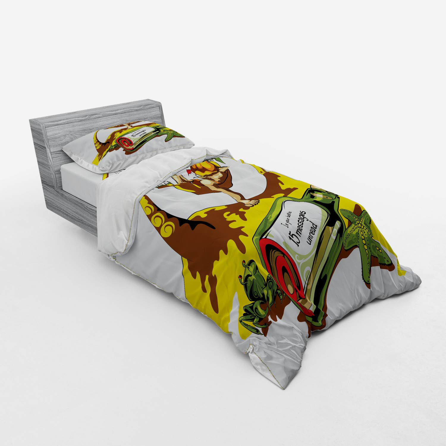 Ambesonne Beach Duvet Cover Set - Tropical Hammock & Message in Bottle Design, 3-Piece Twin Size Bedding Set with Pillow Sham & Fitted Sheet, White Green Yellow - Perfect for Coastal Bedrooms, Vacation Homes & Summer Decor