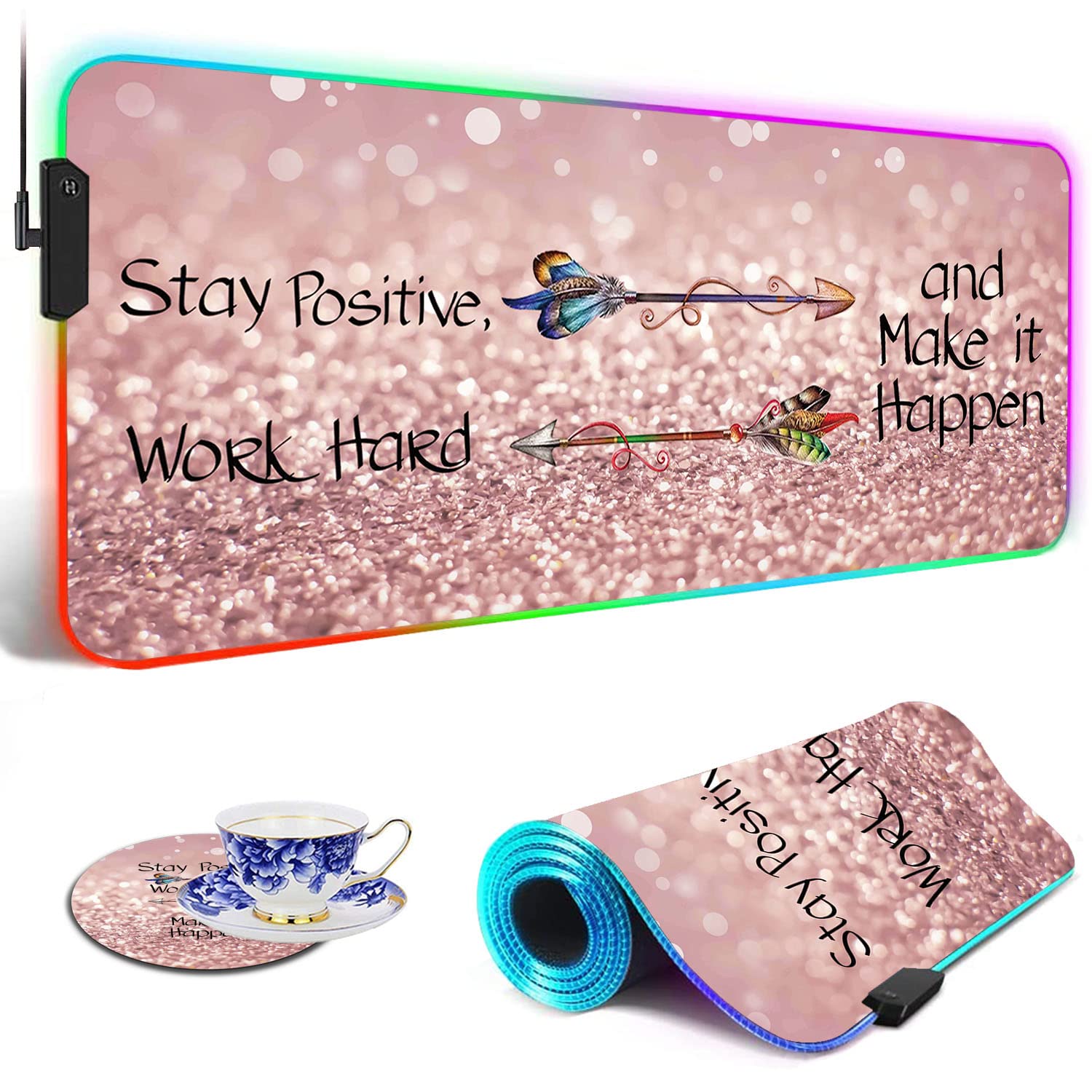 RGB Gaming Mouse Pad - Large LED Light-Up Desk Mat with Non-Slip Base, Pink Motivational Design - Perfect for PC Gaming, Office Work & Streaming Setup (Stay Positive Work Hard Theme)