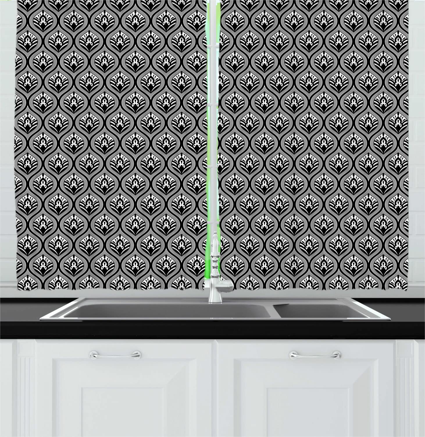 Ambesonne Victorian Long Kitchen Curtains - Medieval Vintage Baroque Leaf Pattern Damask Drapes with Rod Pocket, 55