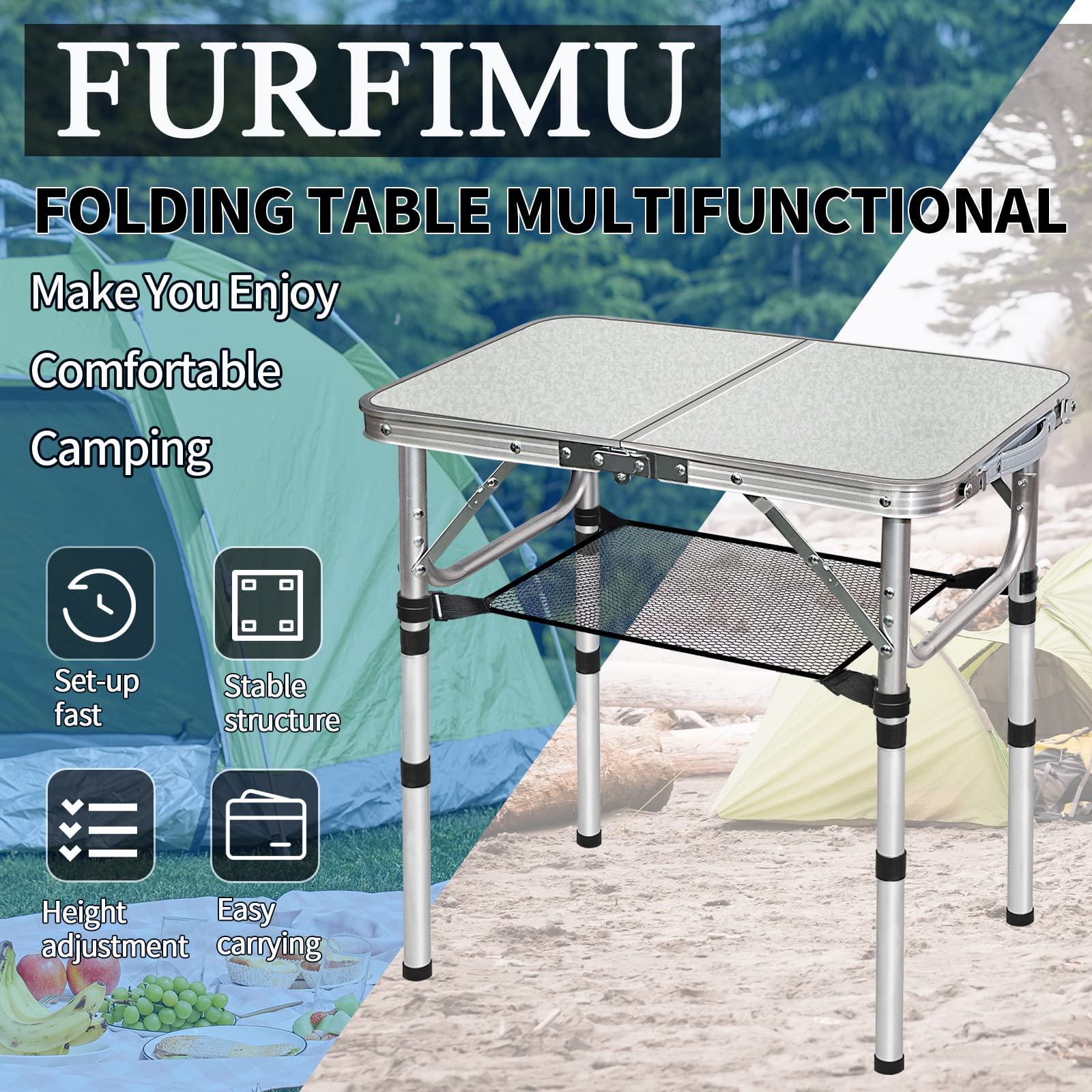 **Compact 3-Height Adjustable Folding Table - 2FT Portable Camping & Outdoor Table with Mesh Storage, White Metal Beach & Patio Table for BBQ, Picnics, and Travel**    *(Perfect for camping trips, beach outings, backyard BBQs, picnics, and small-space living!)*