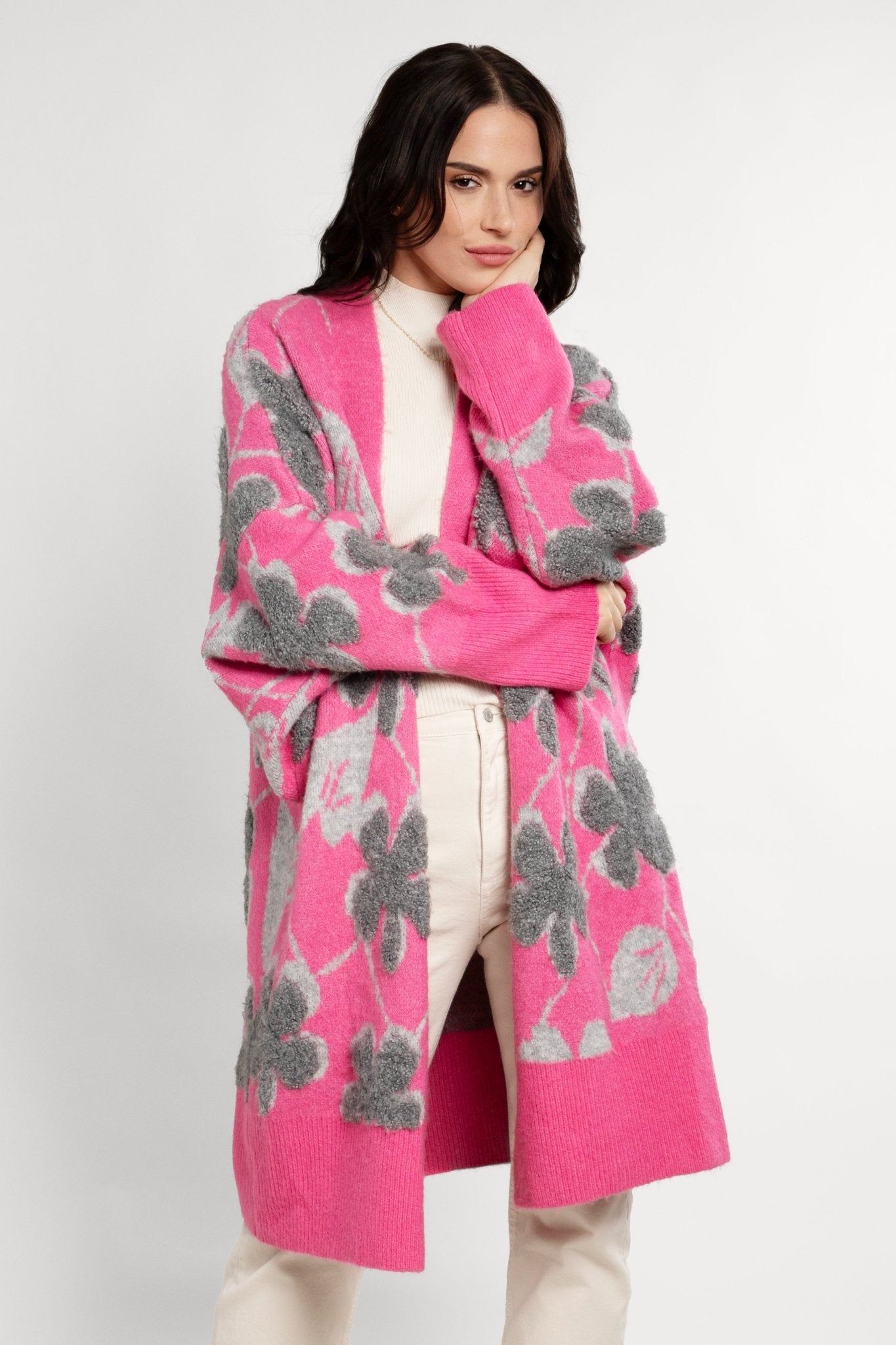 Floral Knitted Long Cardigan for Women - Boho Chic Lace-Up Open Front Sweater for Spring & Fall - Perfect for Casual Outfits, Office Wear, and Date Nights