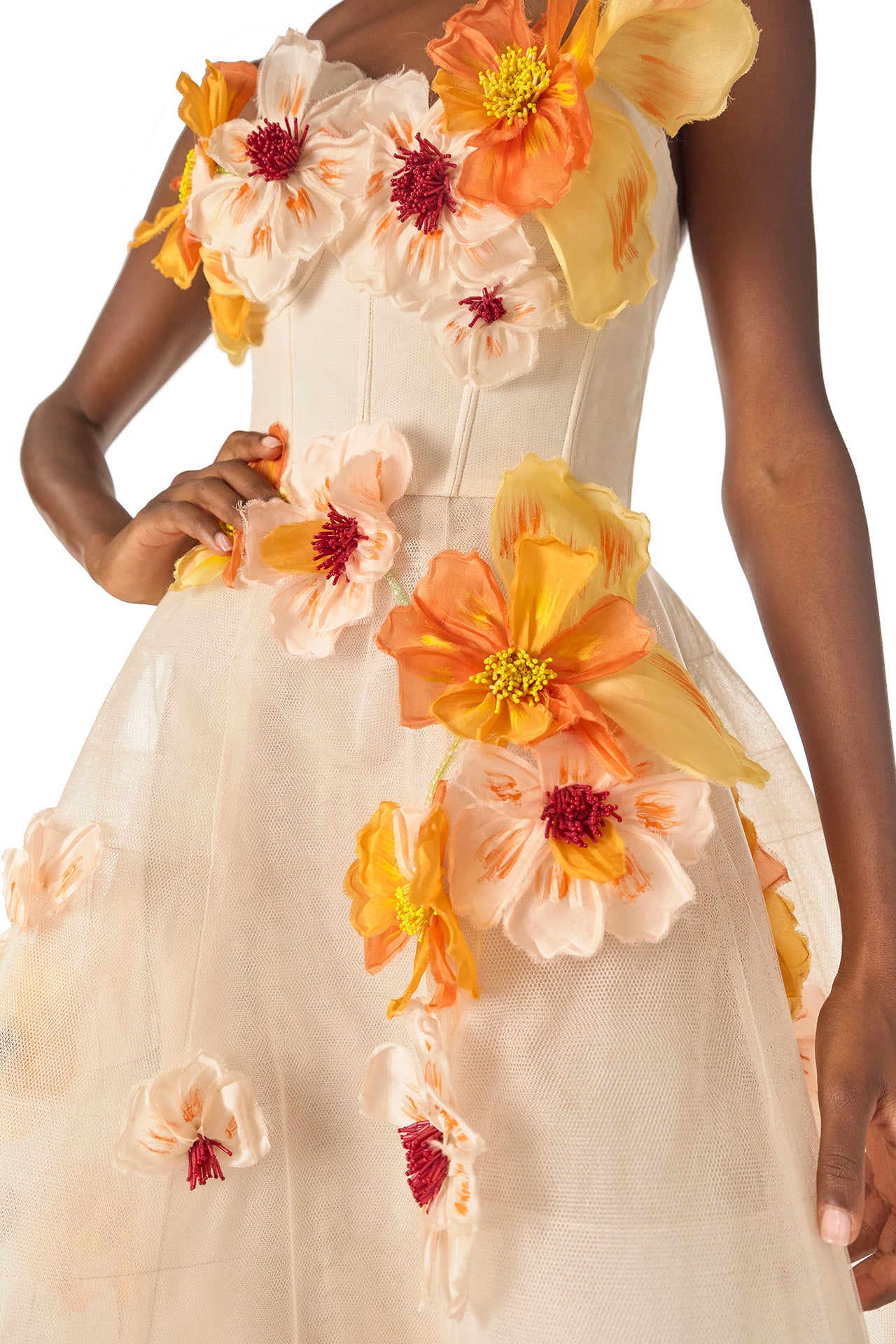 Elegant Poppy Embroidered Tea Length Dress for Women - Perfect for Garden Parties, Weddings & Summer Events