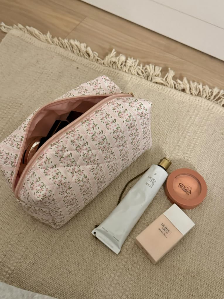 Floral Quilted Makeup Bag for Women - Coquette Cosmetic & Toiletry Travel Organizer (Pink) | Perfect for Travel, Gym, and Everyday Essentials Storage