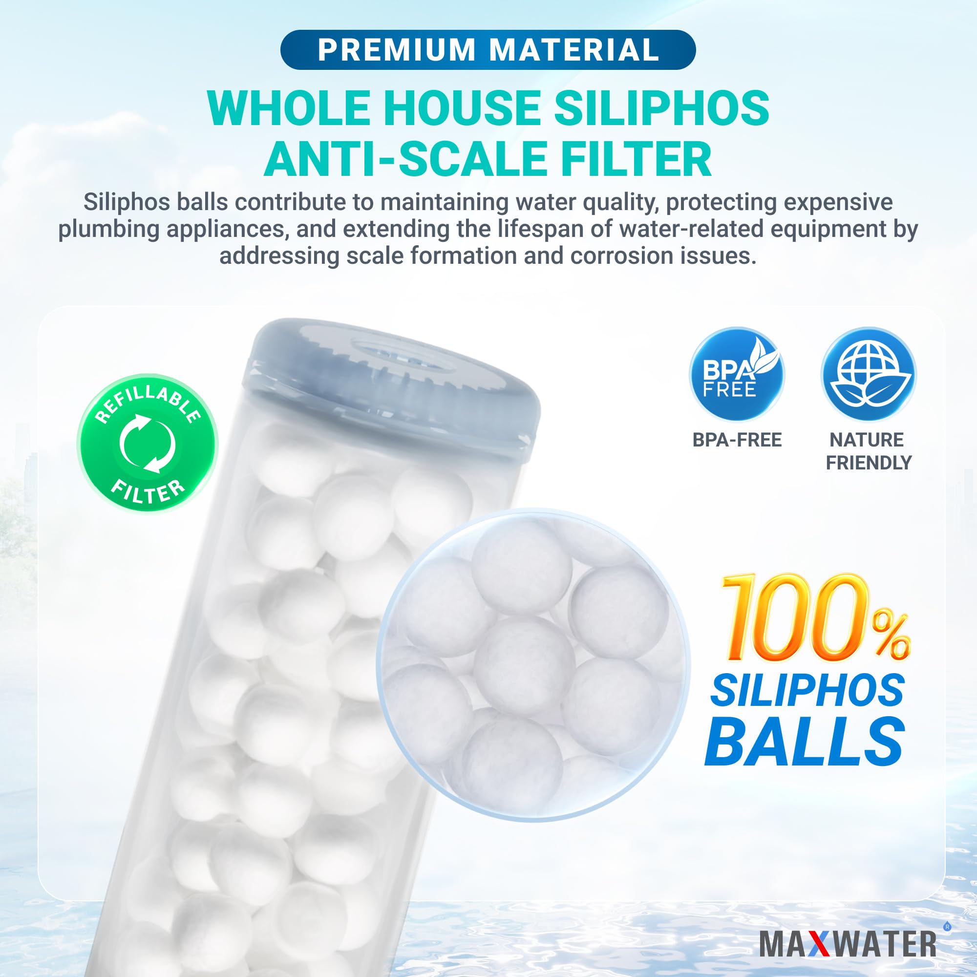 **Max Water Siliphos Anti-Scale Filter Media - 5 Lbs (5-Pound Bag) with Clear Housing | Prevents Limescale in Pipes & Appliances | Ideal for Water Softeners, Boilers & Dishwashers**
