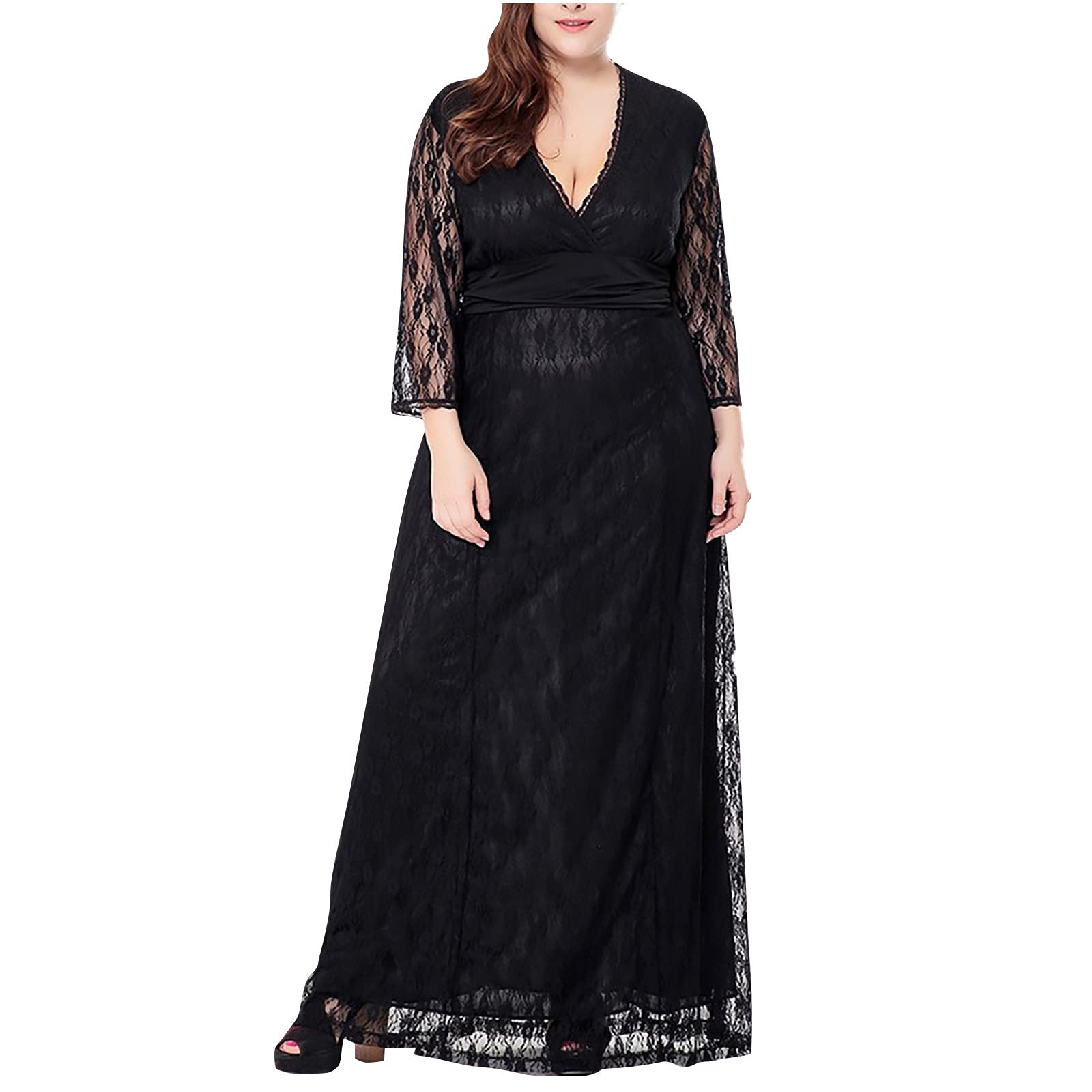 Plus Size Vintage Floral Lace Long Sleeve V-Neck Maxi Dress for Women - Elegant Party Gown for Weddings, Evening Events & Special Occasions