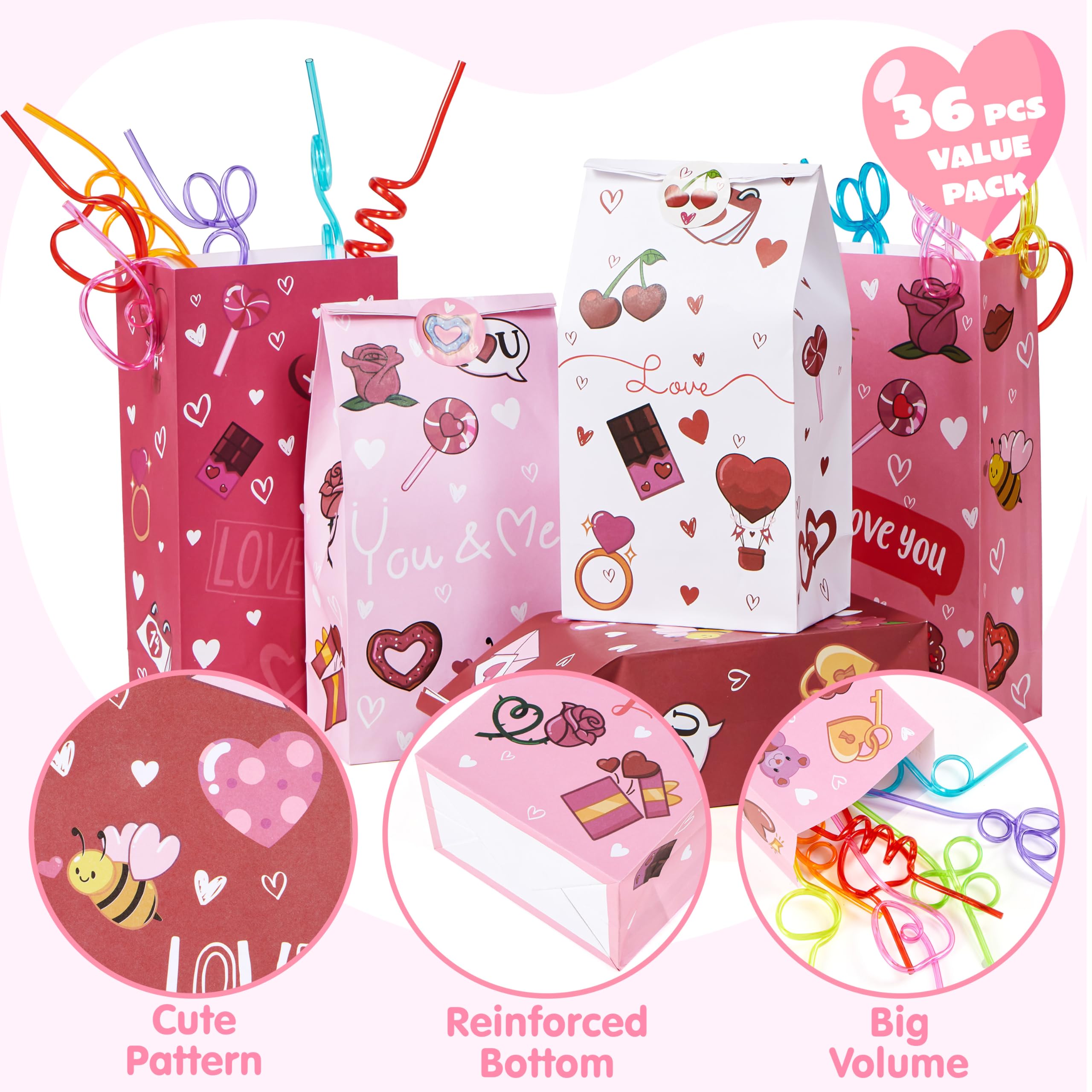 JOYIN 36 Pcs Valentine's Day Gift Bags 5x9.4 Inch, Bulk Red Heart Paper Goodie Bags for Classroom Exchange, Party Favors, Candy Treats & Funny Gift Giving - Perfect for Valentine's Parties, School Events & Holiday Celebrations
