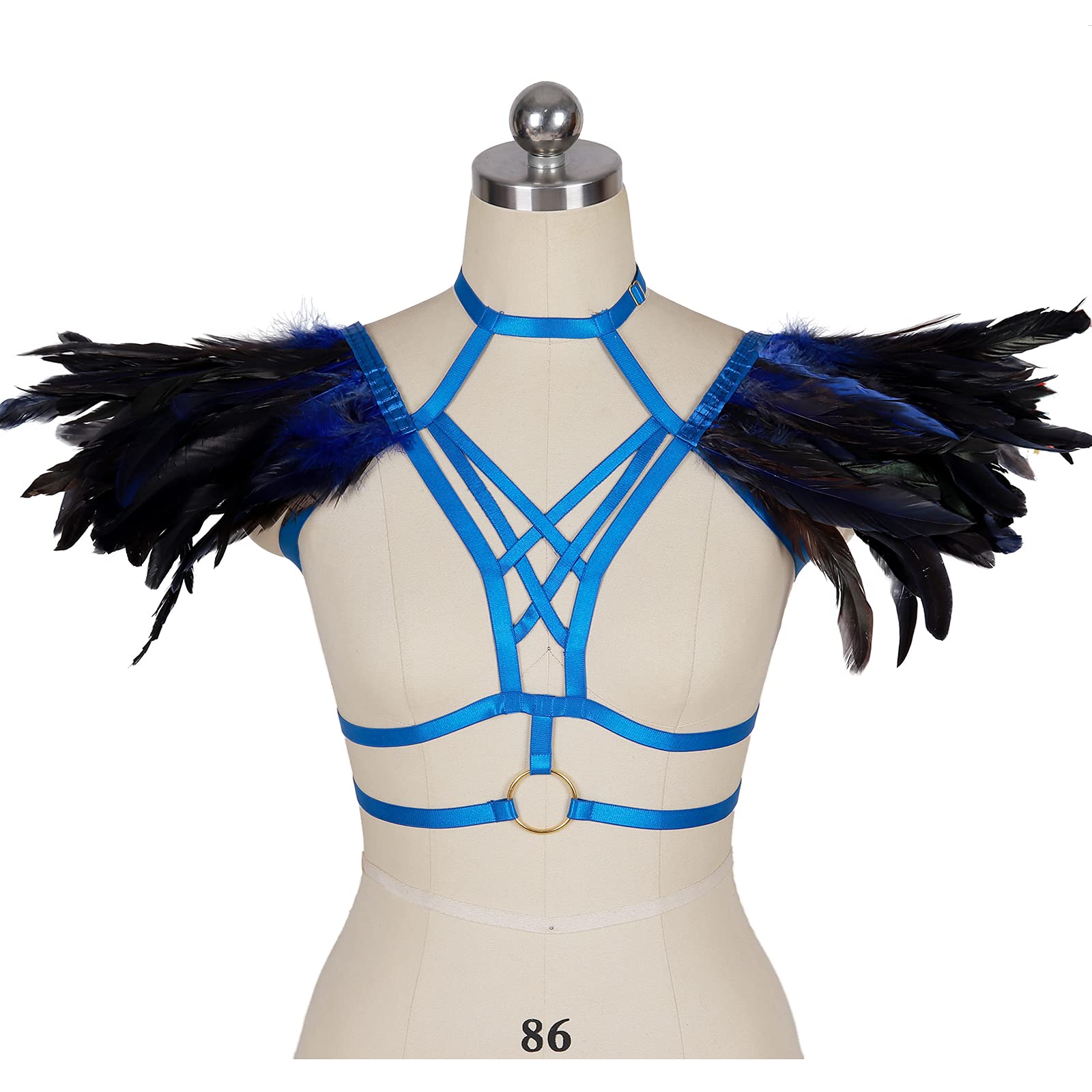 Women's Gothic Punk Feather Body Harness Bra - Adjustable Epaulette Wing Bralette for Burning Man, Rave & Festival Costume | Sexy Gothic Lingerie for Cosplay & Nightclub Outfits