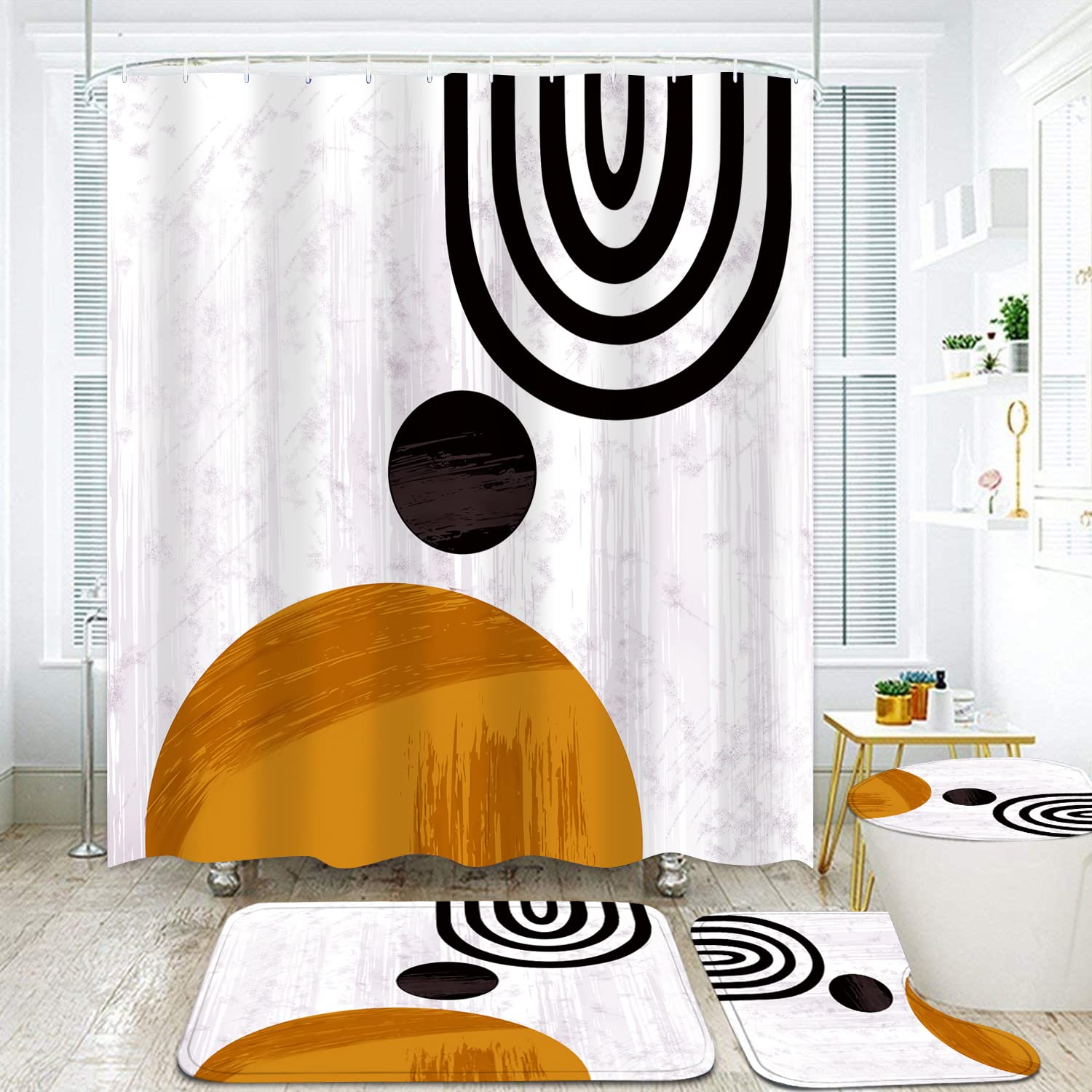 Stylish Boho Abstract Waterproof Shower Curtain Set with Matching Bath Mat - Modern Minimalist Bathroom Decor for Aesthetic Home & Apartment - Perfect for Guest Bathrooms, Master Suites and Spa-Inspired Retreats