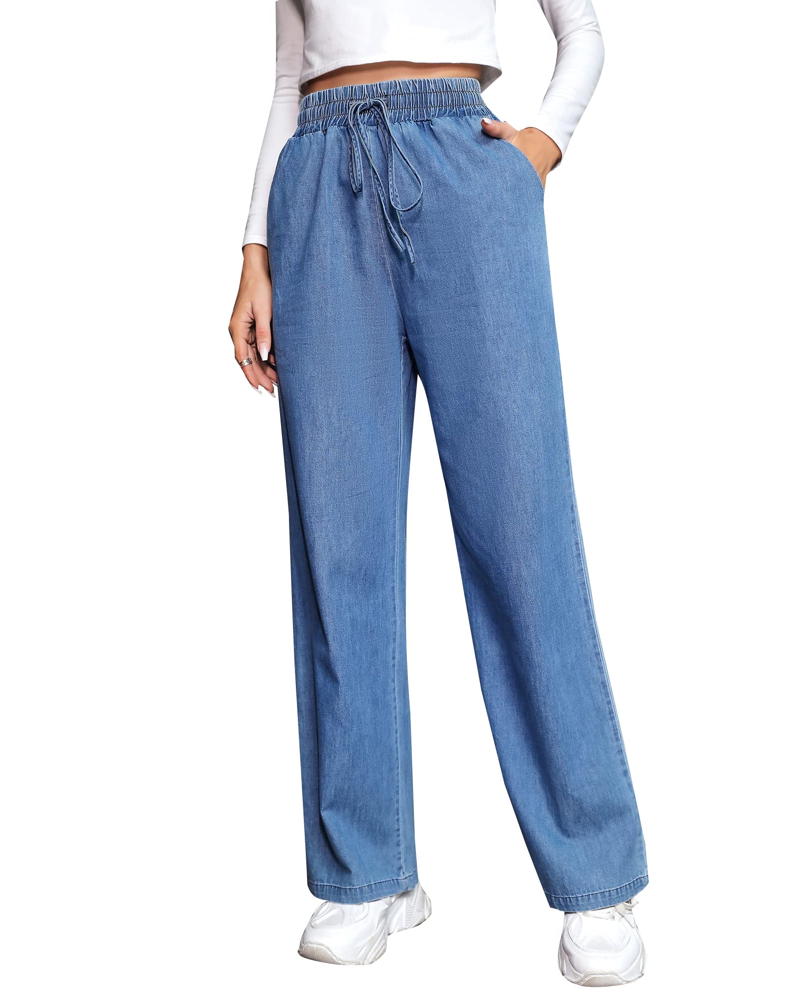 Love Welove Women's Fashion Wide Leg Jeans - High Waisted Stretch Pull On with Drawstring, Baggy Denim Pants for Casual Wear, Plus Size 3XL - Perfect for Everyday Outfits, Street Style & Relaxed Looks