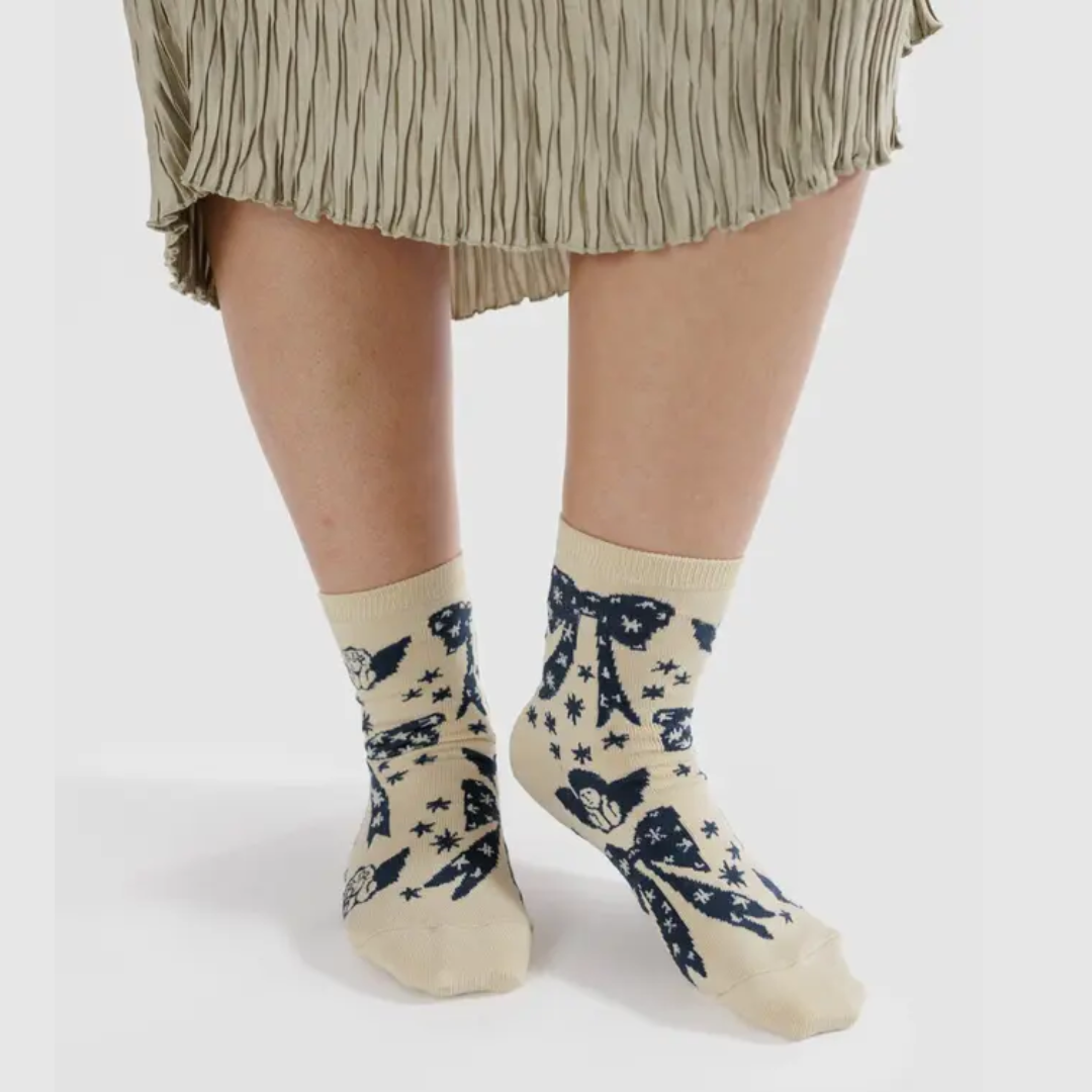 Cherub Bows Crew Socks by BAGGU - Cute Angel Wing Design Cotton Socks for Women & Girls - Perfect for Everyday Wear, Gifts & Fashion Outfits
