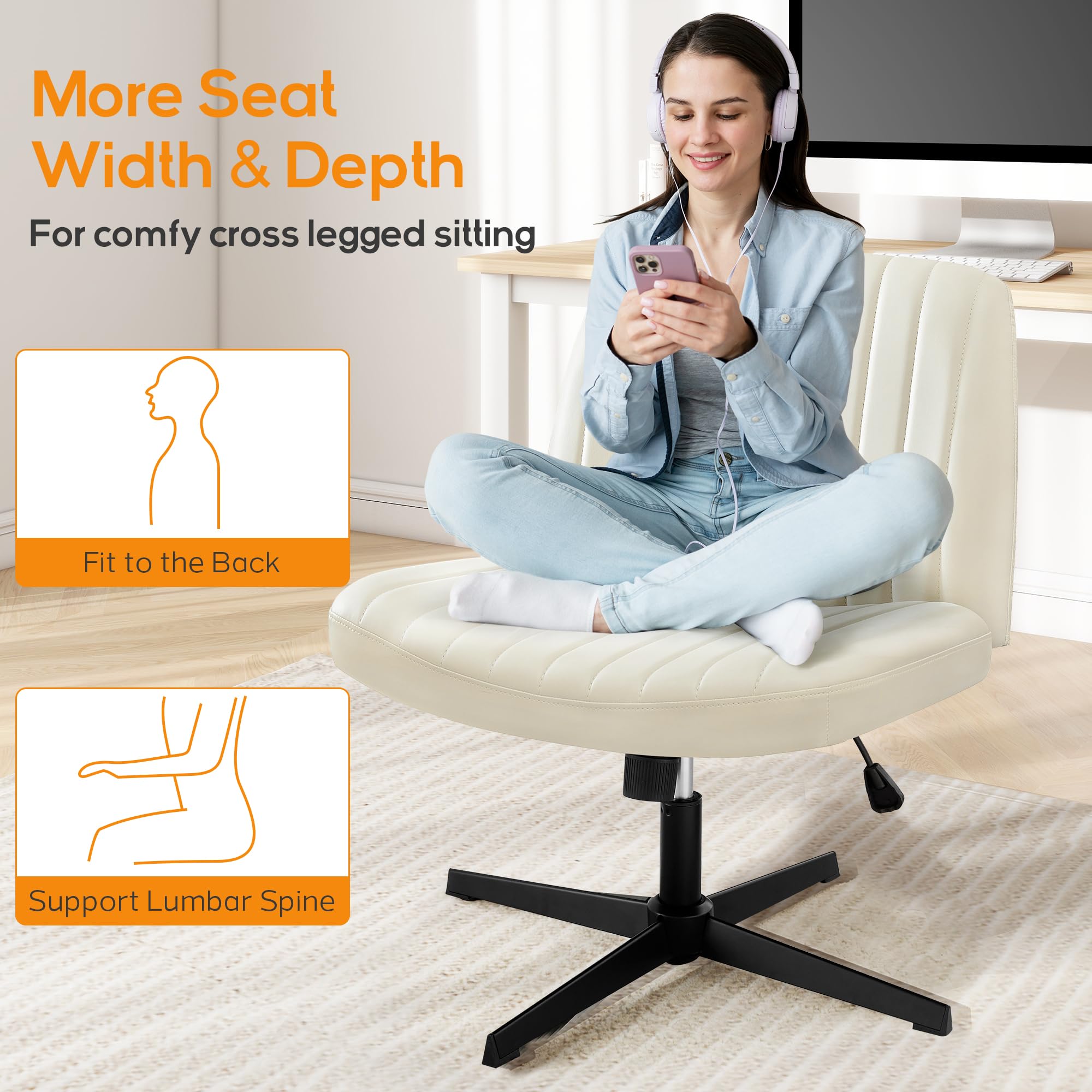 DUMOS Criss Cross Chair Leg Office Chair - Wide Comfortable Desk Seat, No Wheels Armless Computer Task Chair, Swivel Vanity Chair - Adjustable Height for Home & Office Workspace