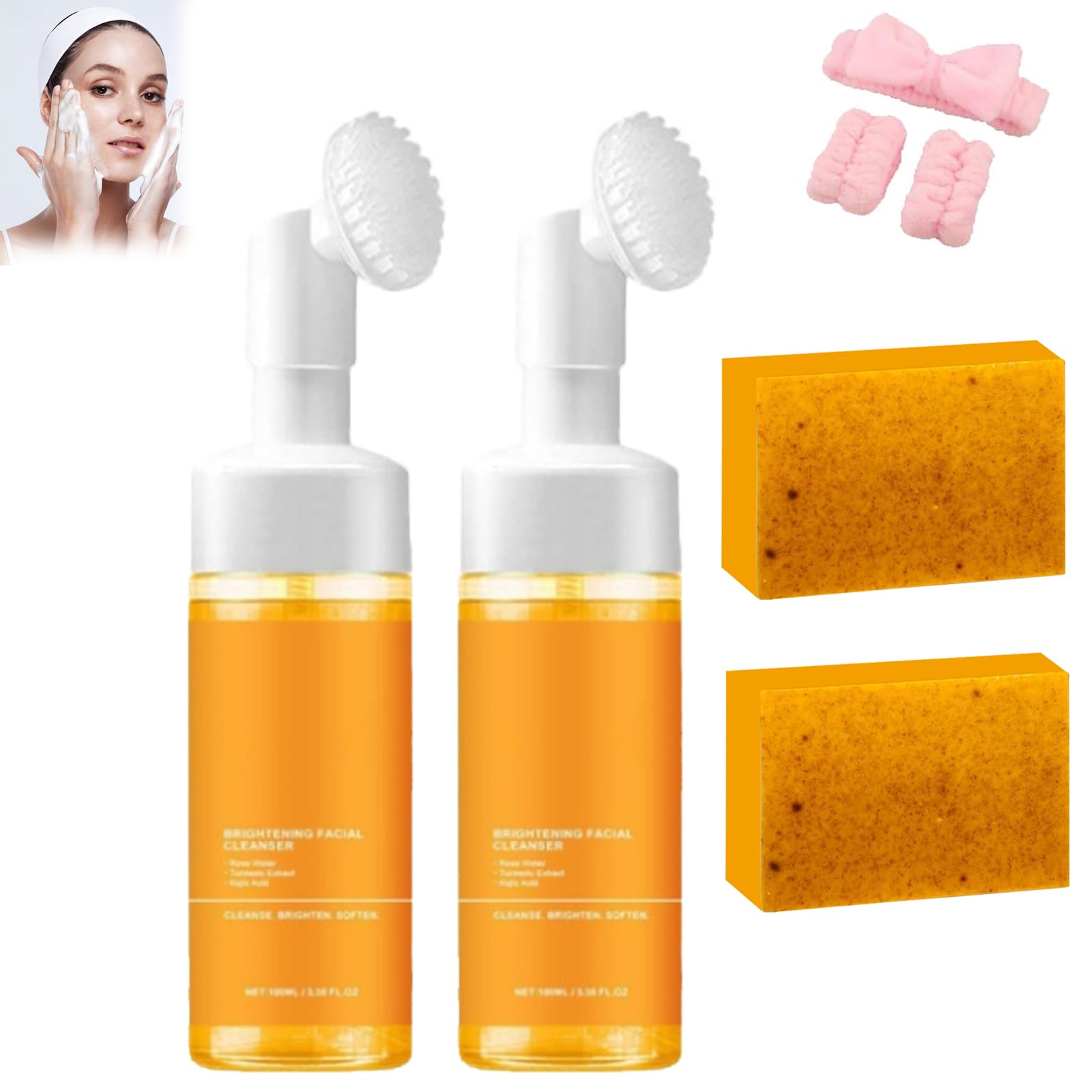 Organic Turmeric Face Wash & Care Set - Brightening Facial Cleanser with Exfoliating Brush & Soap - Natural Skincare Bundle for Glowing Skin - Perfect for Acne Treatment & Evening Skincare Routine