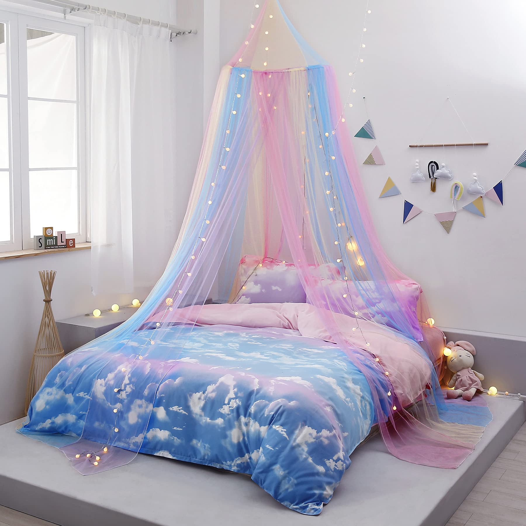 Rainbow Bed Canopy with LED Lights - Princess Bed Canopy for Girls Room, Twin/Full/Queen Size Bed Netting - Perfect for Bedroom Decor, Reading Nook & Dreamy Sleep Space