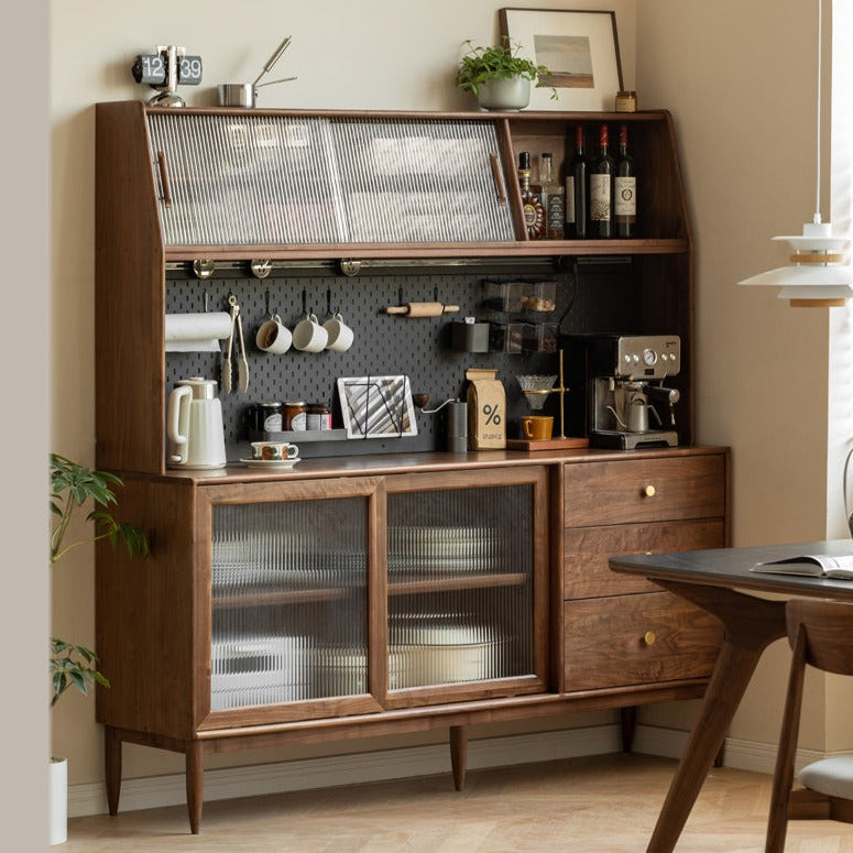 Black Walnut Sideboard with Integrated High Cabinet & Glass Doors - Stylish Storage for Dining Room, Living Room, or Entryway