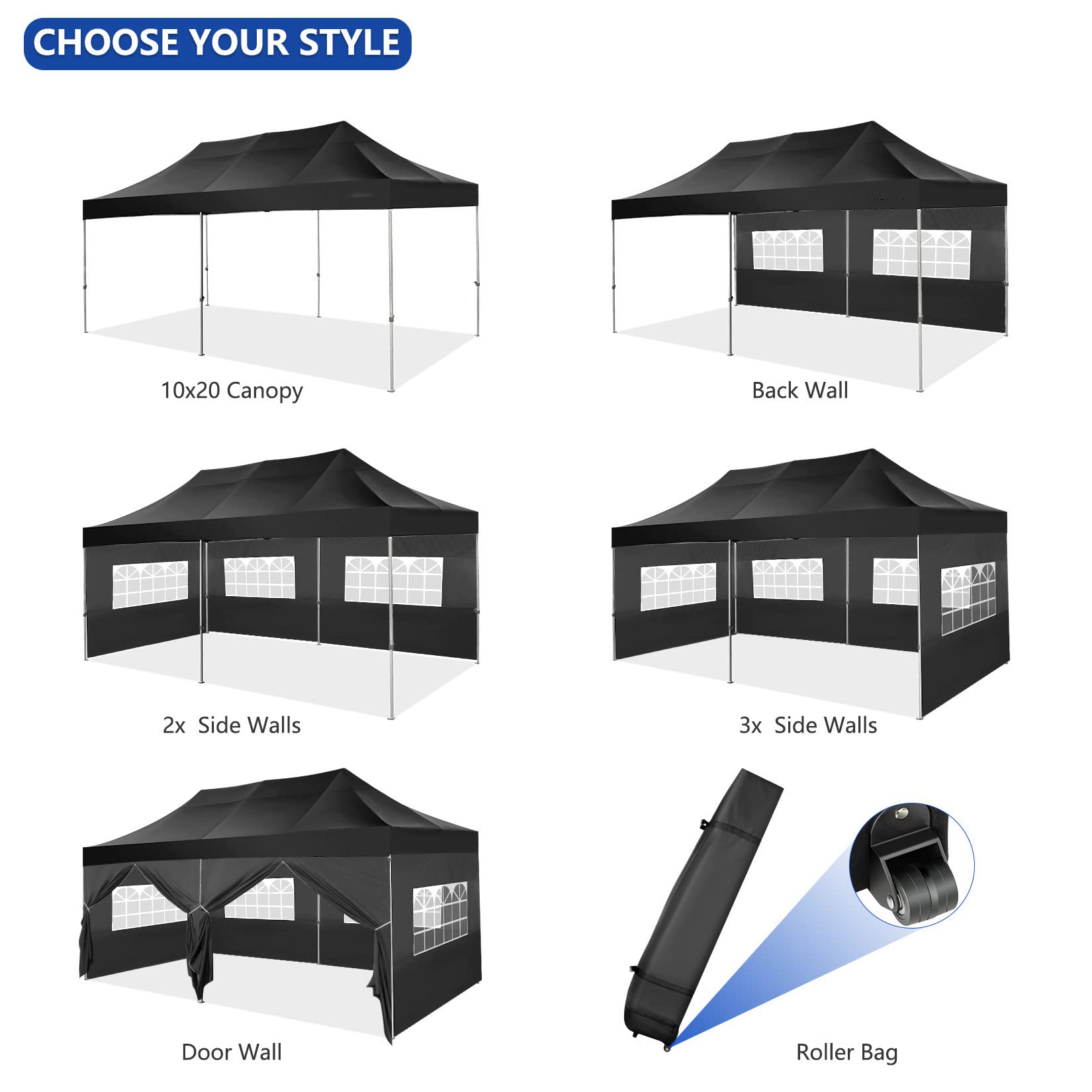 COBIZI 10x20 Heavy Duty Pop Up Canopy Tent with 6 Sidewalls - UPF 50+ Waterproof All-Weather Commercial Gazebo for Outdoor Weddings, Parties & Events - Includes Roller Carry Bag (Black)