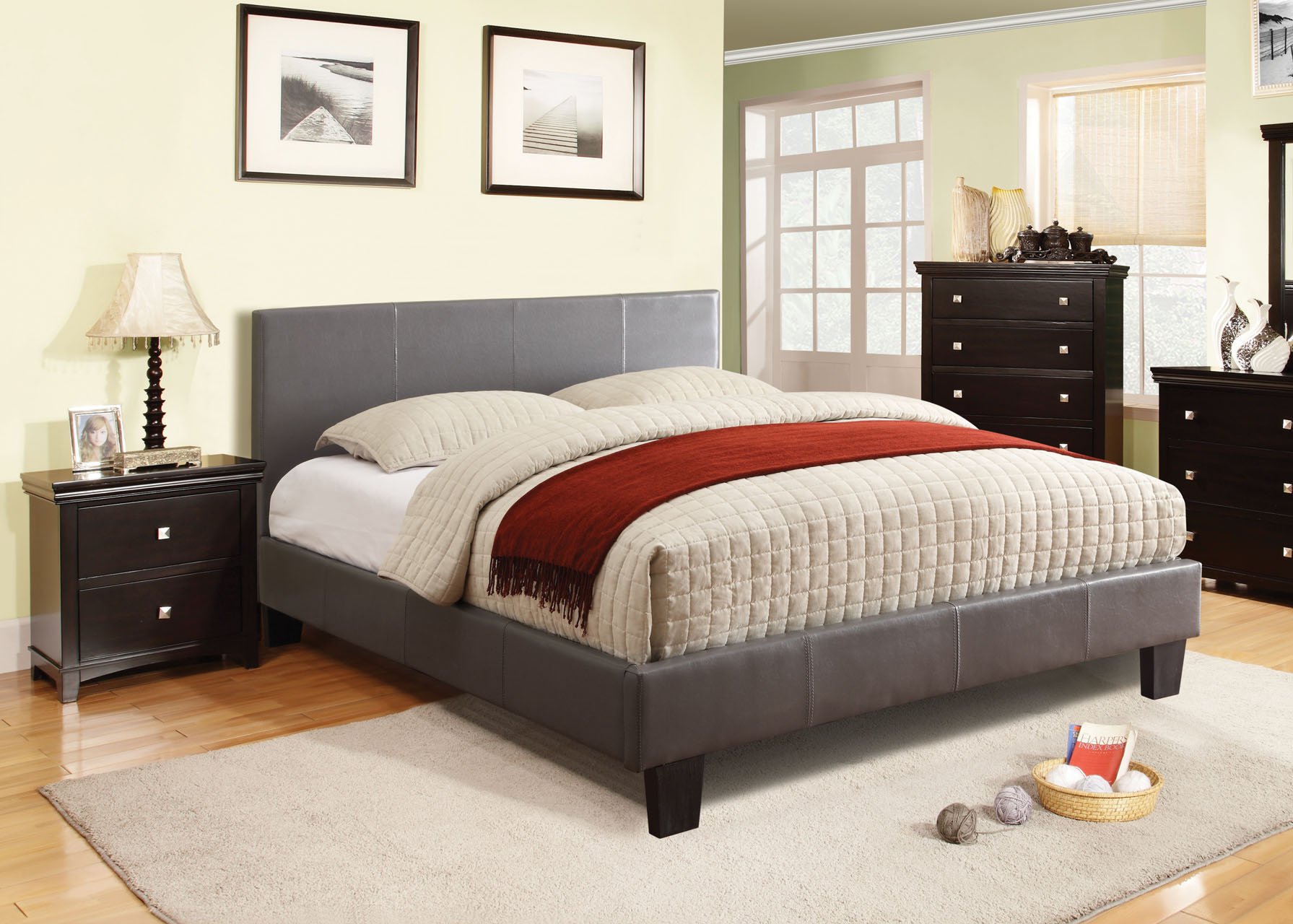 Furniture of America Lauren Leatherette Upholstered Platform Bed - Full Size Gray Modern Bed Frame for Master Bedroom & Guest Room