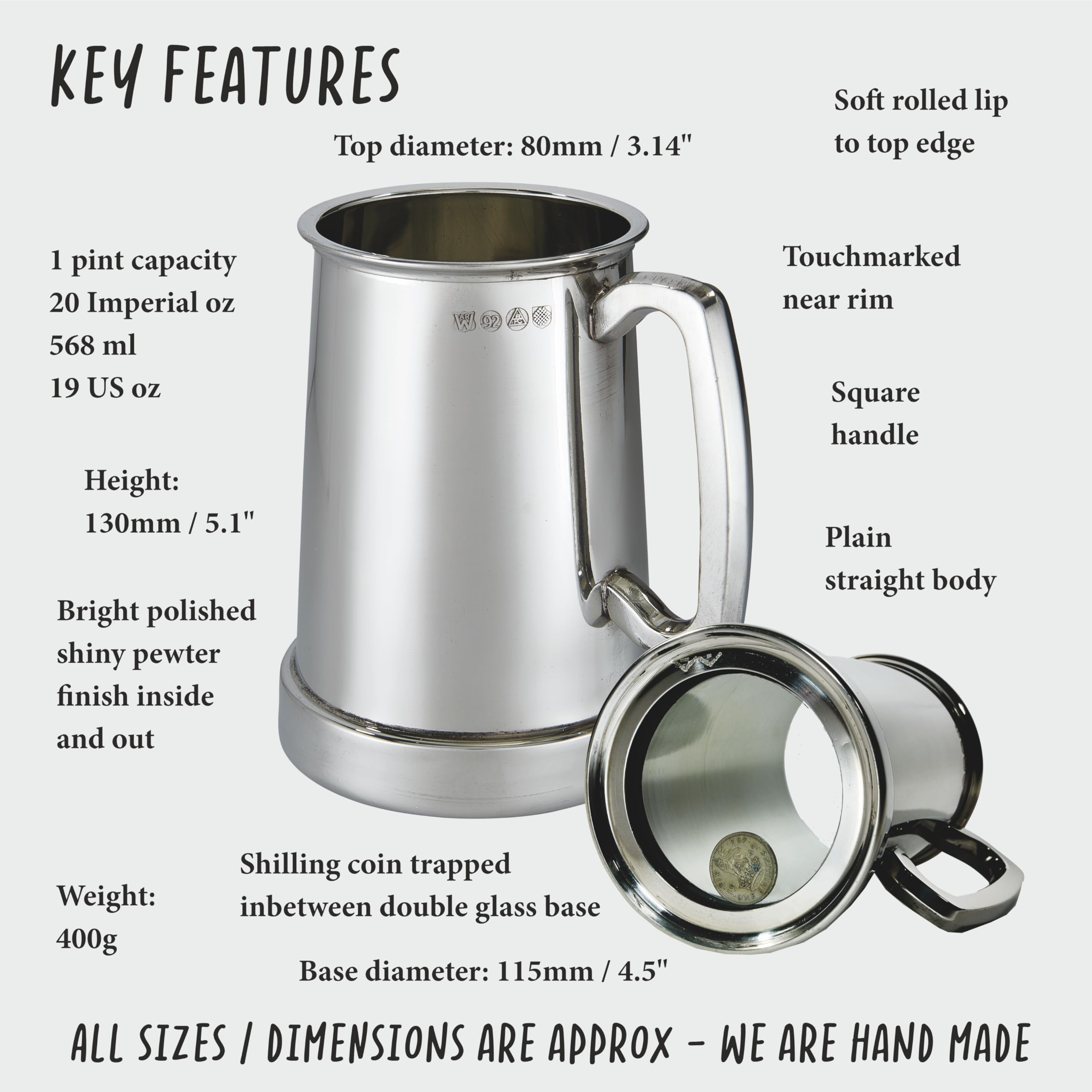 1 Pint Pewter Tankard with Glass Base - Authentic Shilling Style for Beer, Ale & Home Bar Decor | Perfect for Gifts, Parties & Medieval Themed Events
