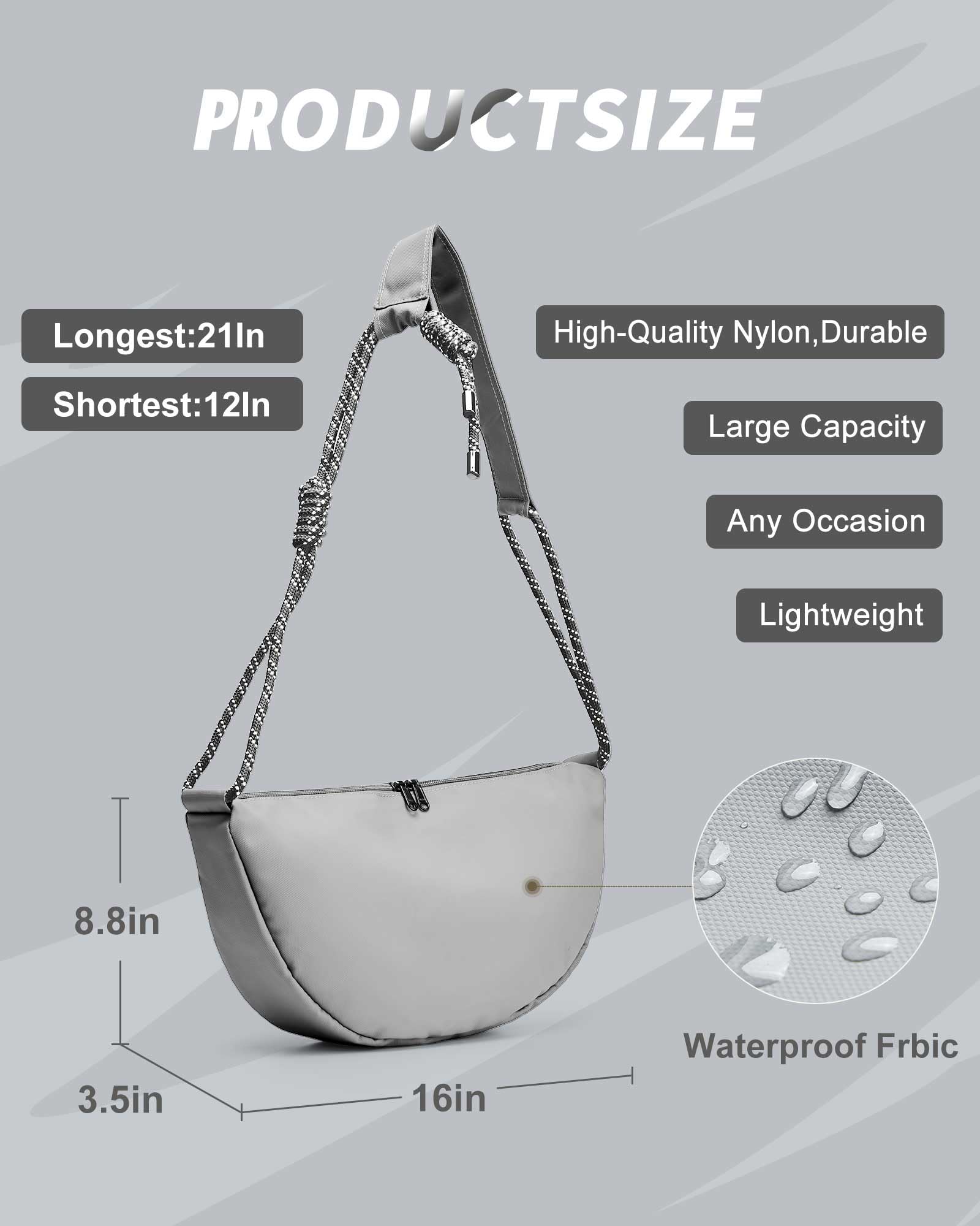 SEAFEW Grey Hobo Bag for Women & Men - Crossbody Purse, Sling Backpack, Shoulder Bag, Small Nylon Fanny Pack - Soft & Casual Trendy Handbag for Daily Use, Travel & Shopping