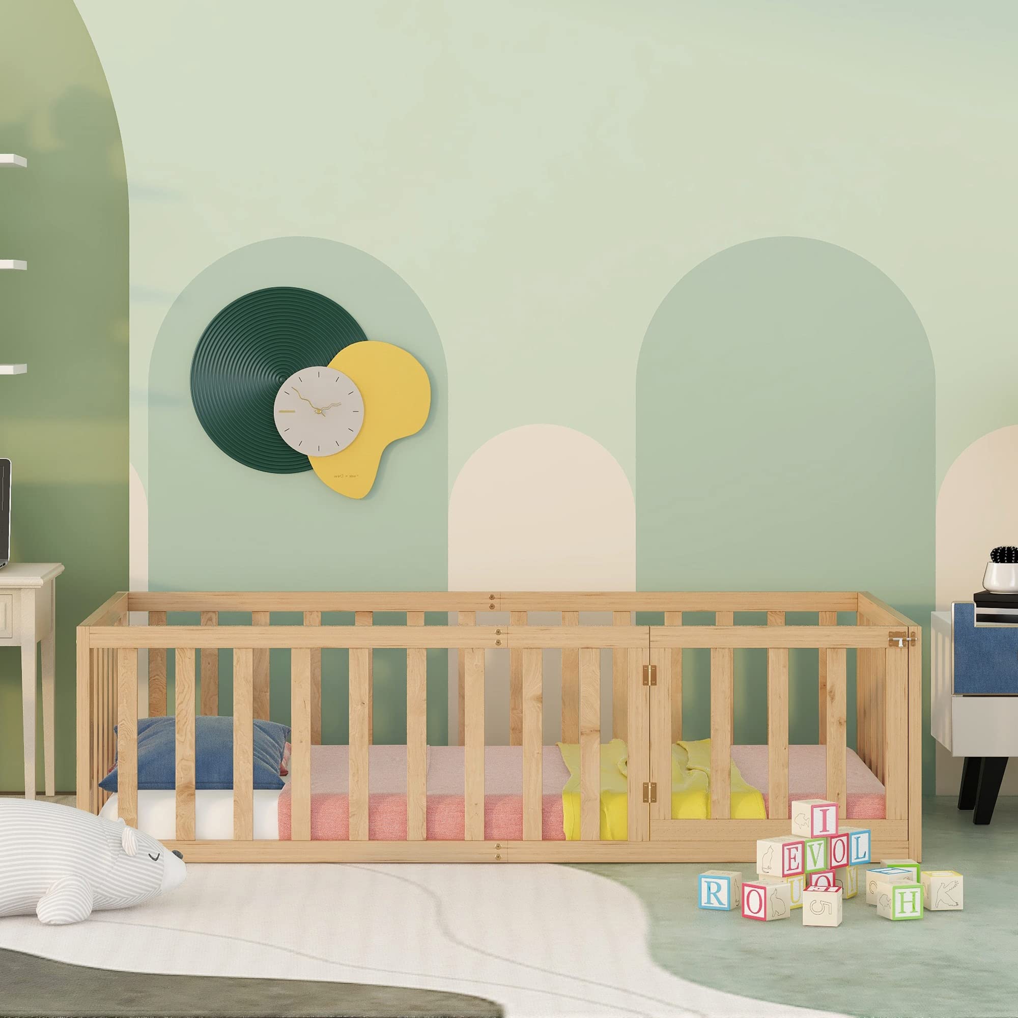 Twin Size Kids Floor Bed with Fence - Wooden Playpen Bed with Door & Guardrails - Easy Assembly Montessori Bed for Toddlers (Natural) - Perfect for Daycare, Nursery, and Safe Play Areas