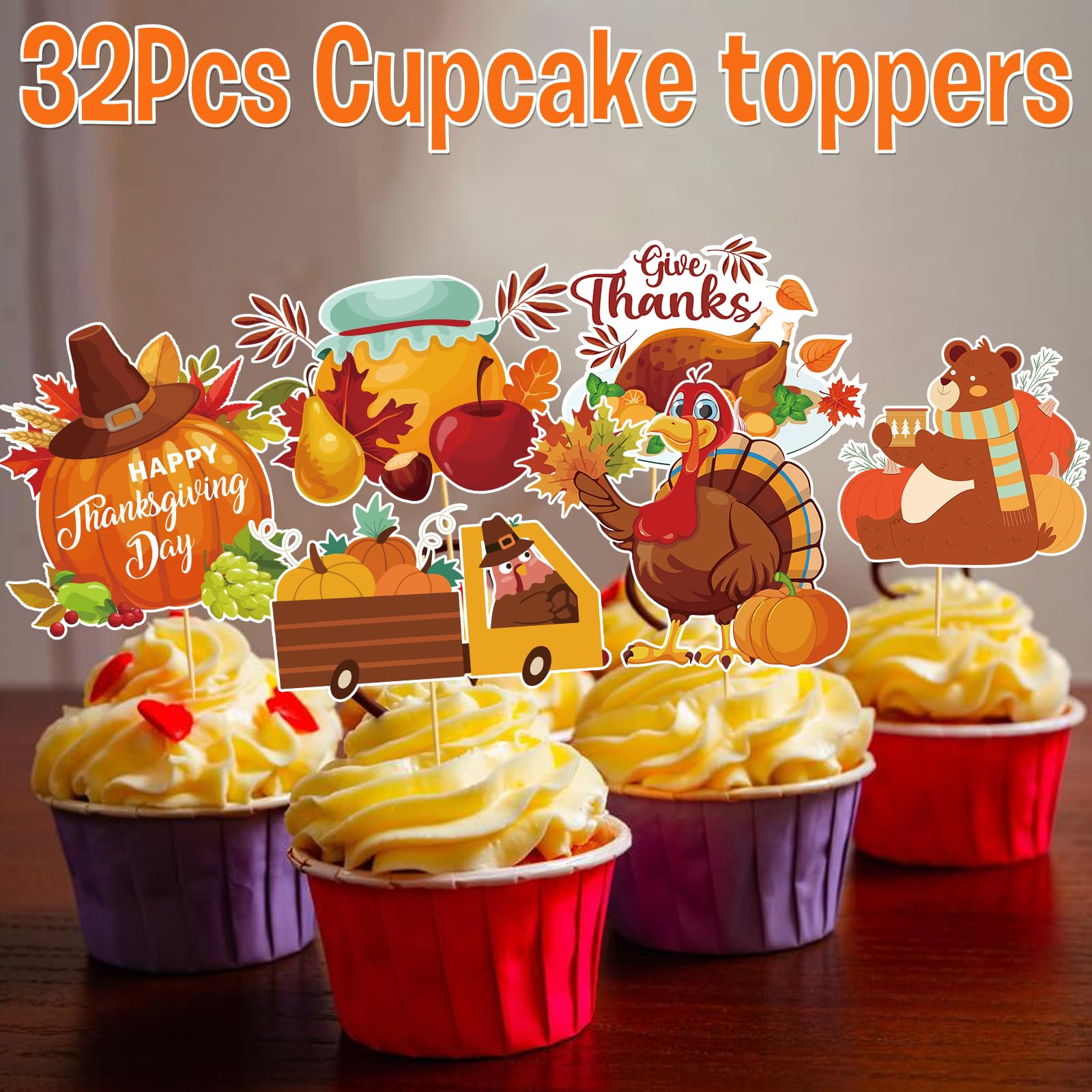 32Pcs Thanksgiving Cupcake Toppers - Turkey & Friendsgiving Themed Decorations for Holiday Parties, Dessert Table Decor, DIY Baking Supplies | Perfect for Thanksgiving, Friendsgiving, Fall Celebrations & Dessert Displays