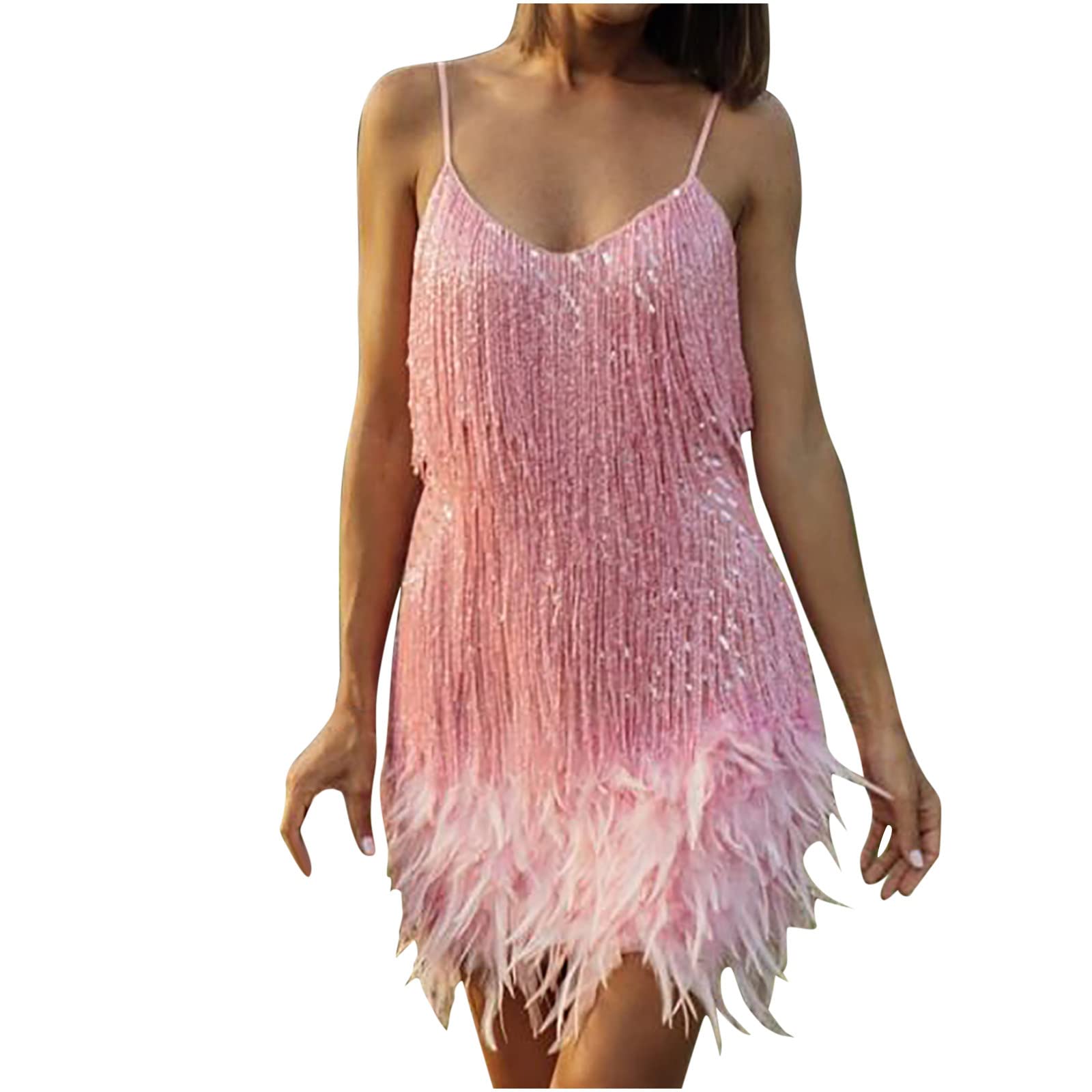 Sparkly Sequin Tassel Mini Dress for Women - Sexy V-Neck Backless Party Dress with Spaghetti Straps | Perfect for Gatsby Themed Parties, Evening Events & Nightclub Outfits