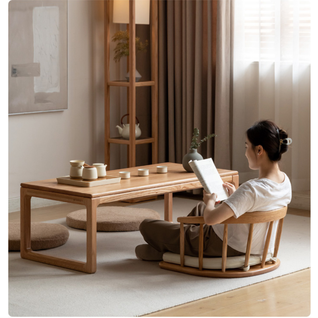 Solid Oak Wood Low Circle Floor Chair - Modern Japanese Style Tea Ceremony Seating for Meditation, Yoga & Relaxation at Home