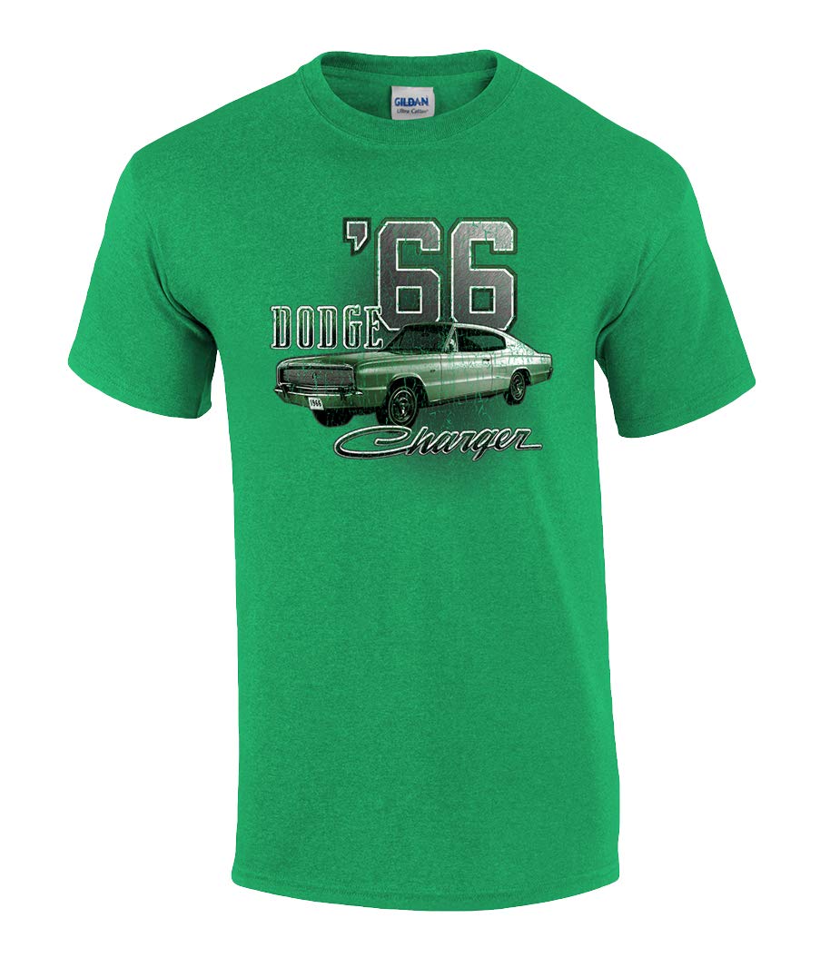 Vintage Dodge 66 Charger Graphic Print Men's Short Sleeve T-Shirt - Irish Green, Large Size - Perfect for Car Enthusiasts, Casual Wear & Retro Style Outfits