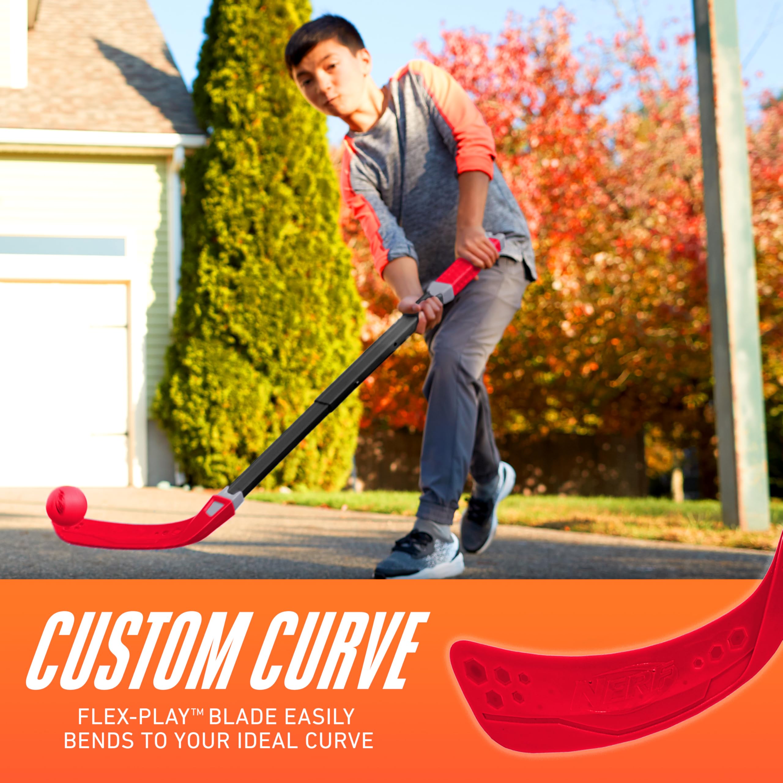 NERF Flexplay Kids Hockey Stick and Ball Set - Adjustable Height Street Hockey Stick for Indoor & Outdoor Play - Includes 2 NERF Balls - Perfect for Backyard Games, Driveway Hockey, and Gym Class Activities